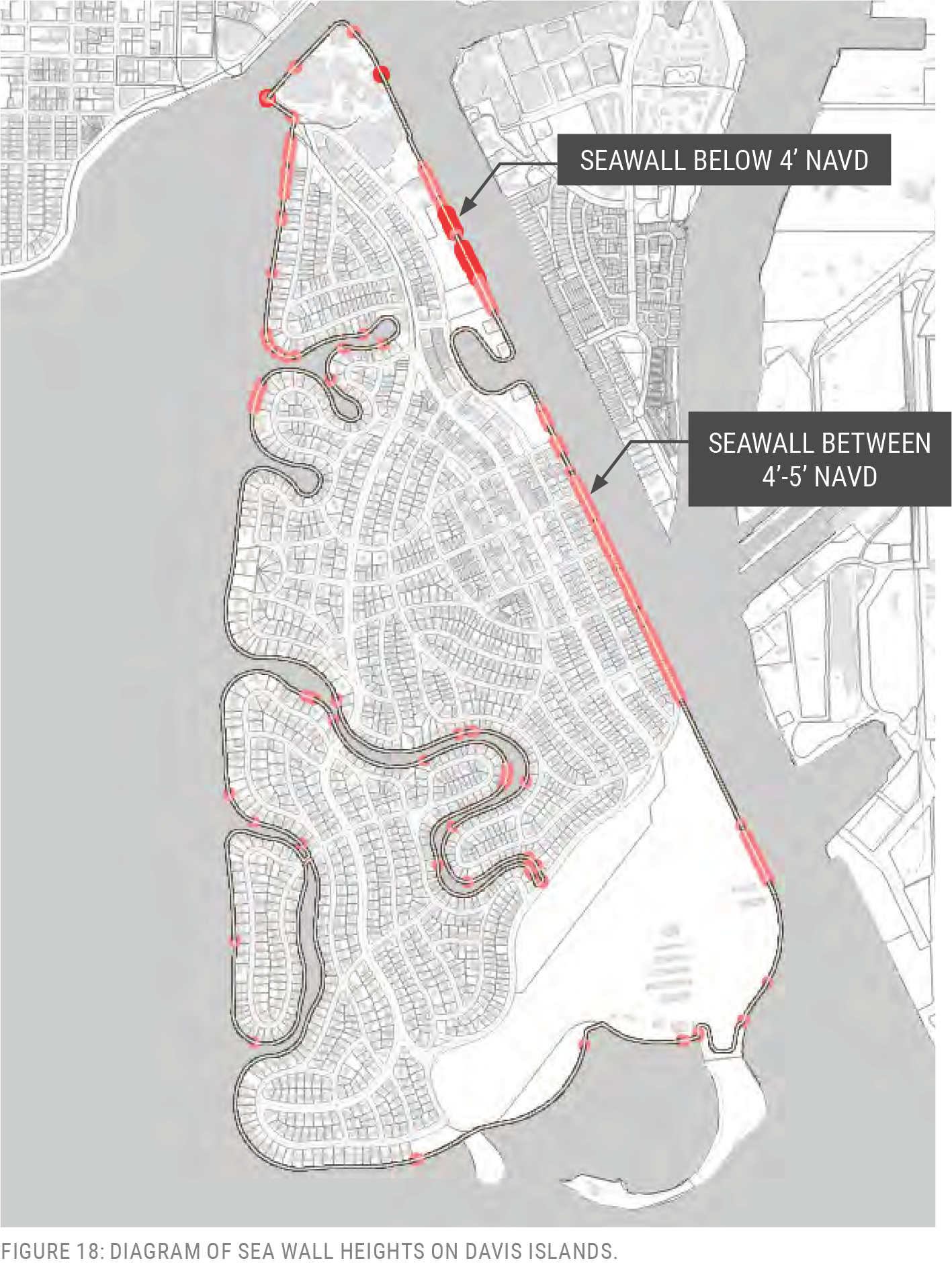 Diagram illustrating sea wall heights on Davis Islands, marking areas below 4' NAVD and between 4'-5' NAVD.