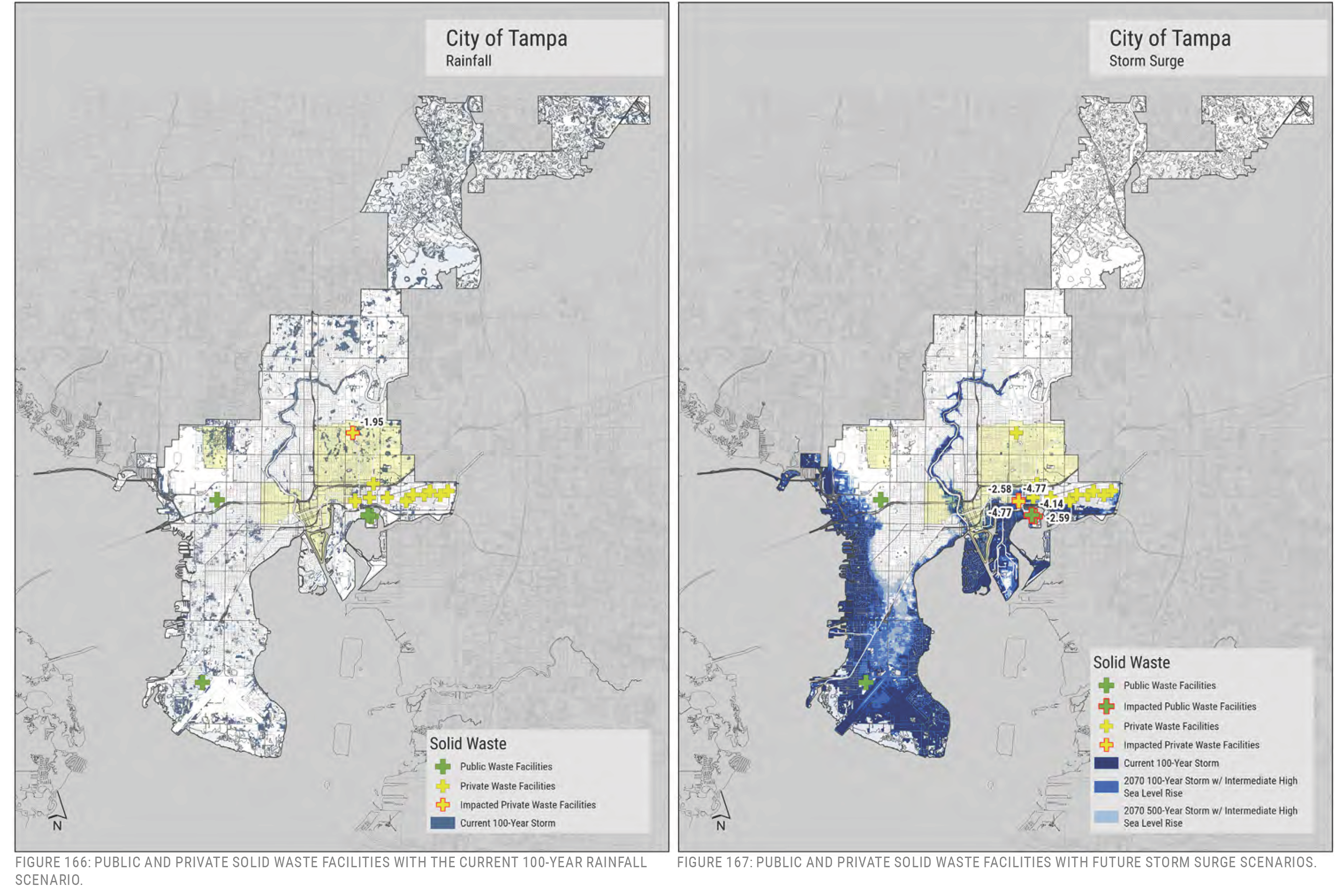 Maps of Tampa showing public and private solid waste facilities under current rainfall and future storm surge scenarios.