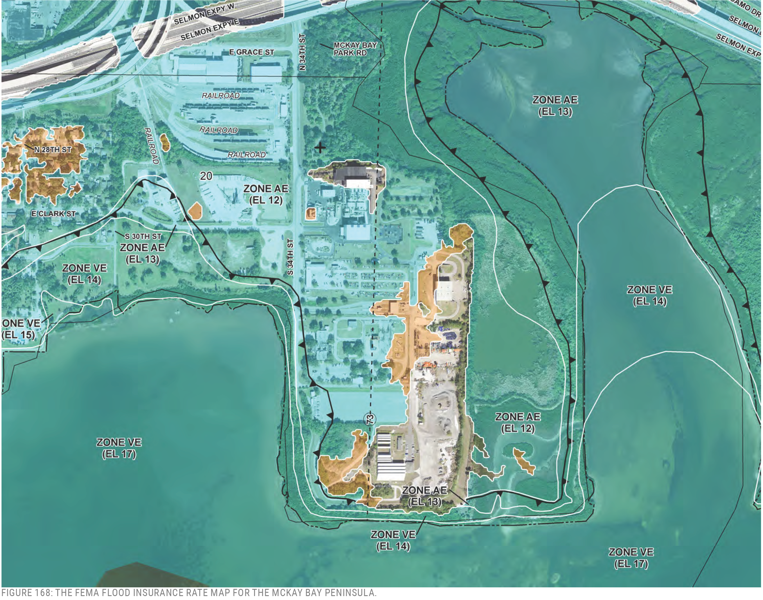 A FEMA flood insurance rate map for McKay Bay Peninsula, highlighting flood zones and elevation levels.
