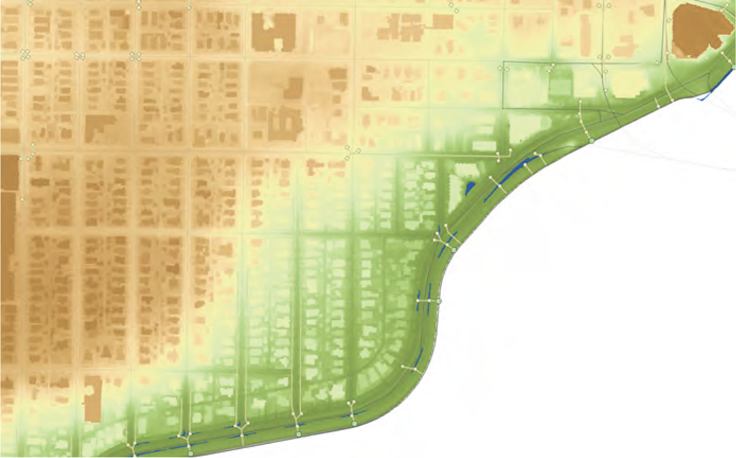 Map showing a grid of streets and buildings, with gradient colors indicating elevation and topography.