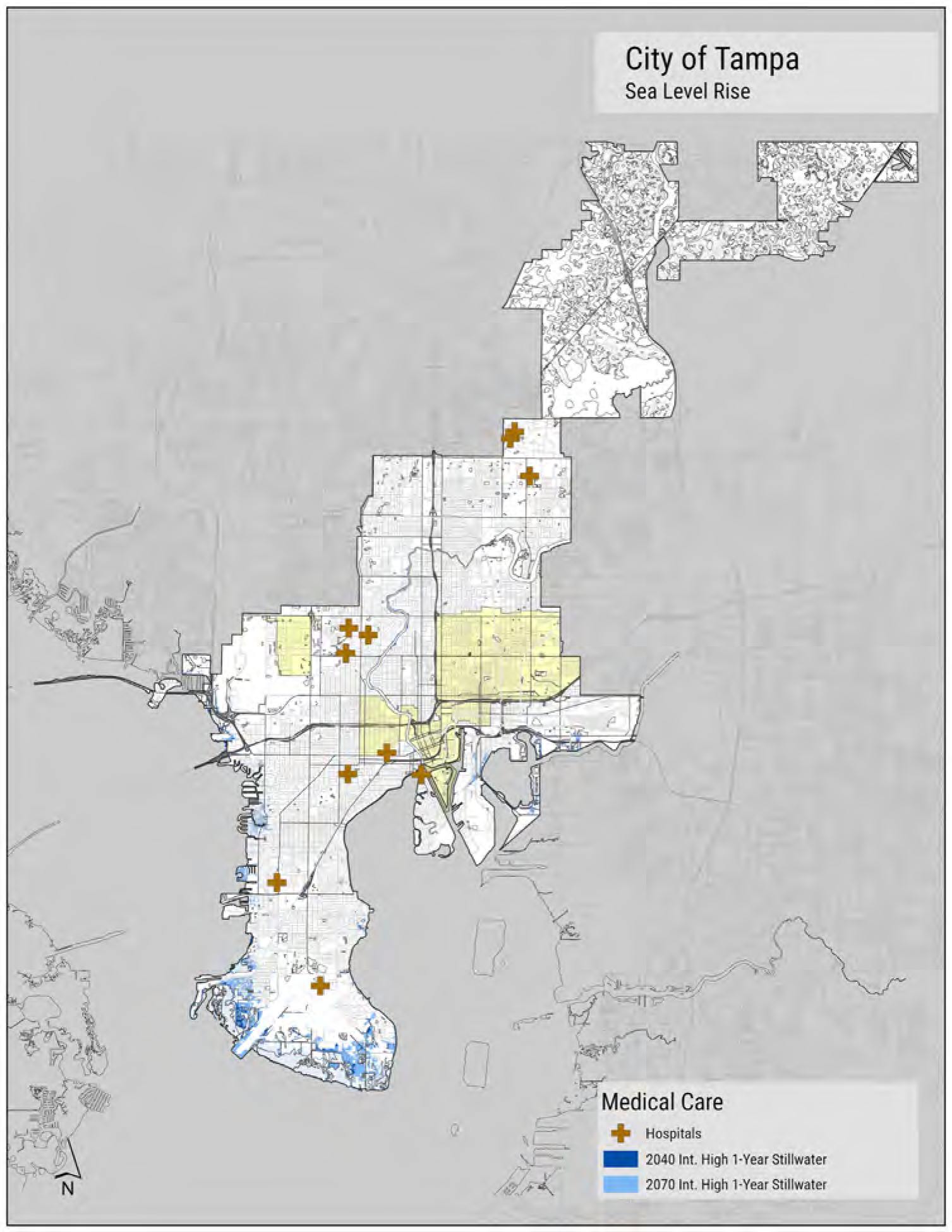 Map of Tampa showing areas affected by sea level rise and locations of medical care facilities.