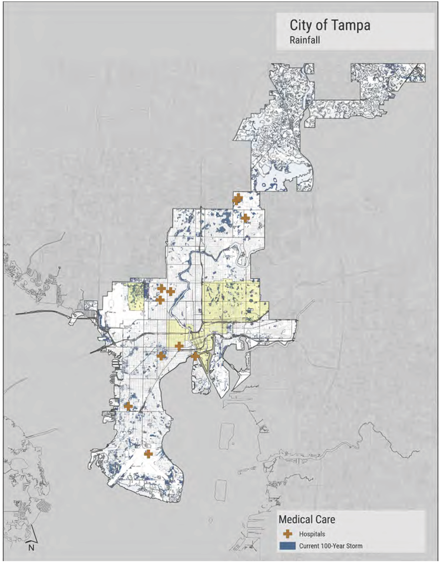 Map of Tampa showing rainfall, hospitals, and areas affected by the current 100-year storm.