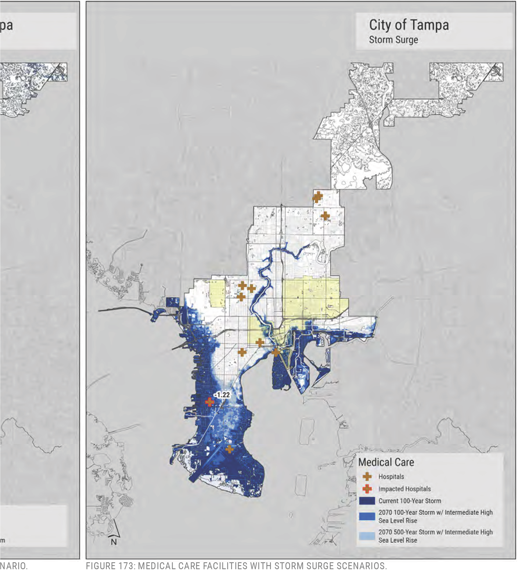 Map of Tampa showing medical care facilities, hospitals, and areas impacted by various storm scenarios, including 100-year and 500-year storms.