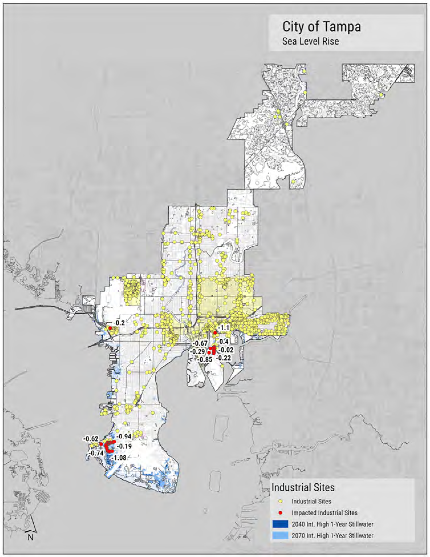 Map of Tampa showing industrial sites and projected sea level rise impacts by 2040 and 2070.