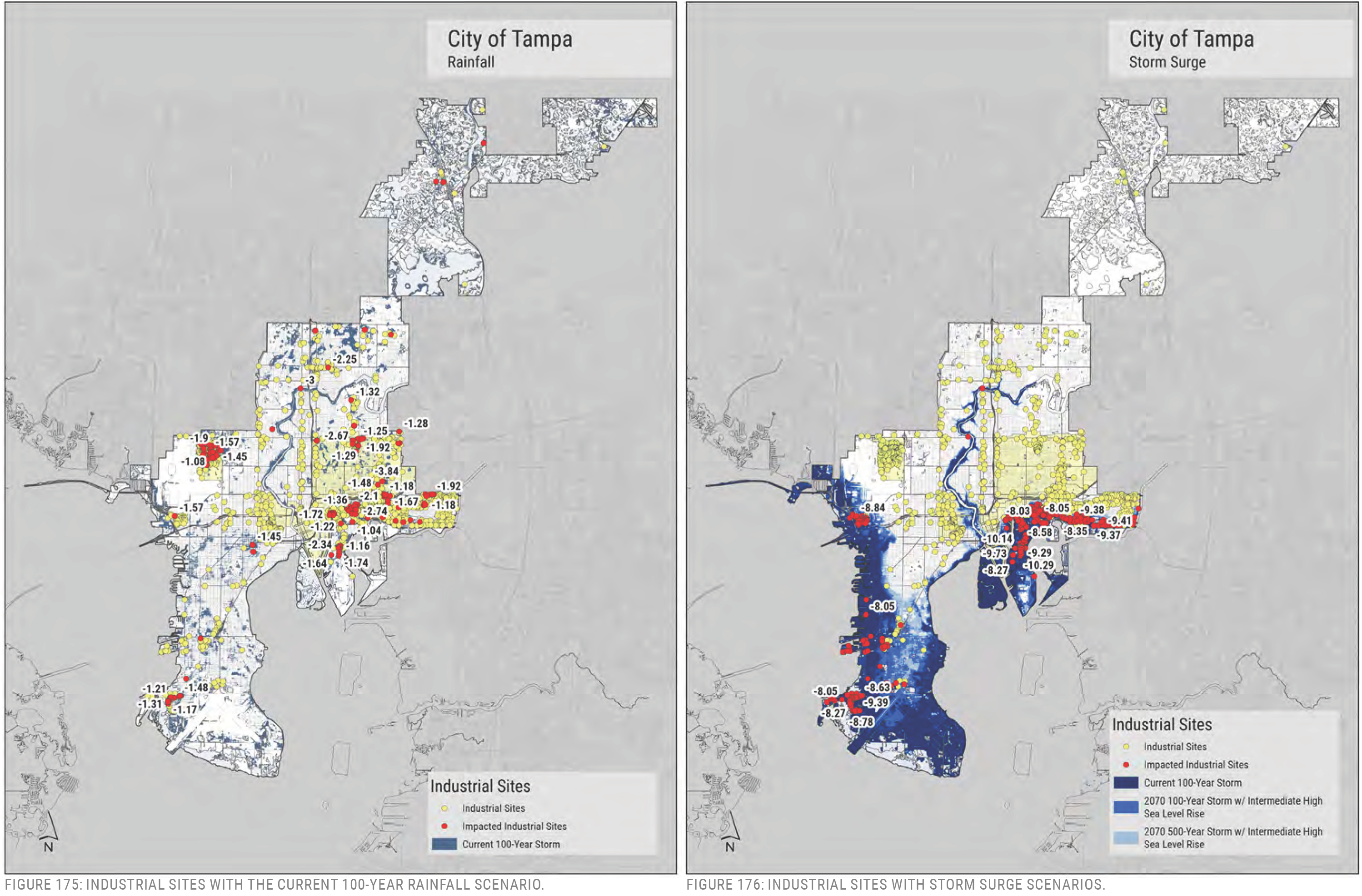 Maps of Tampa showing industrial sites with 100-year rainfall scenario and storm surge levels.