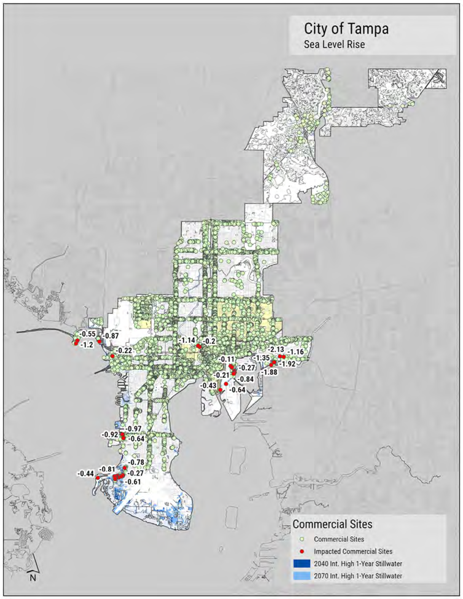 Map of Tampa showing commercial sites affected by sea level rise, with projected impacts for 2040 and 2070 highlighted.