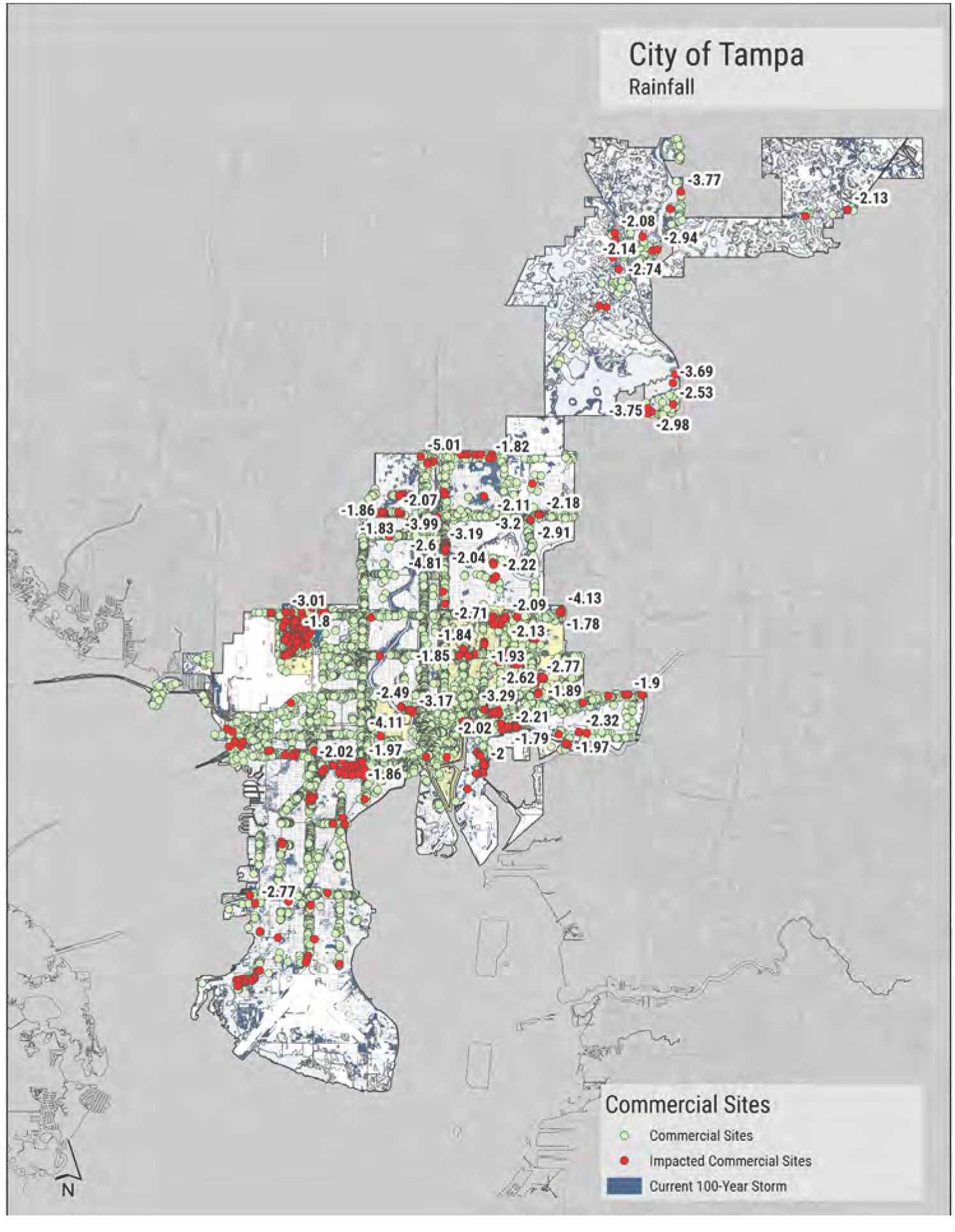 Map of Tampa showing rainfall measurements with marked commercial sites and locations impacted by the current 100-year storm.