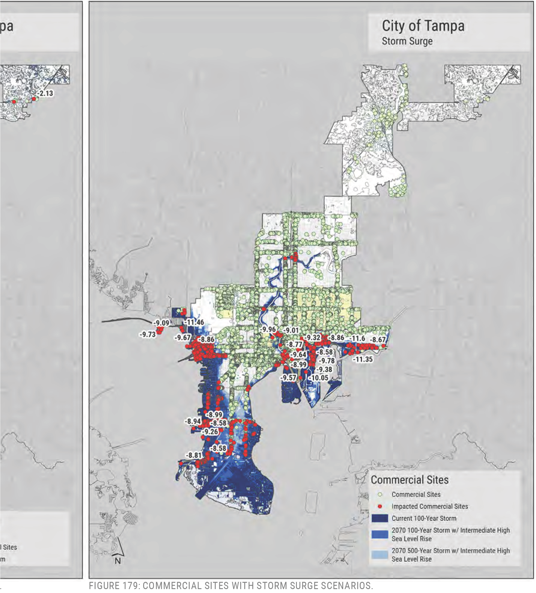 Map of Tampa showing commercial sites and areas affected by storm surge scenarios, including flood risk levels.