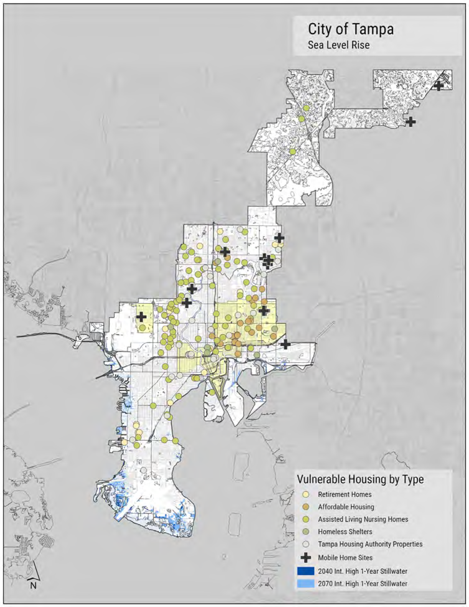 Map of Tampa highlighting vulnerable housing types affected by sea level rise, including retirement homes, affordable housing, shelters, and mobile home sites.