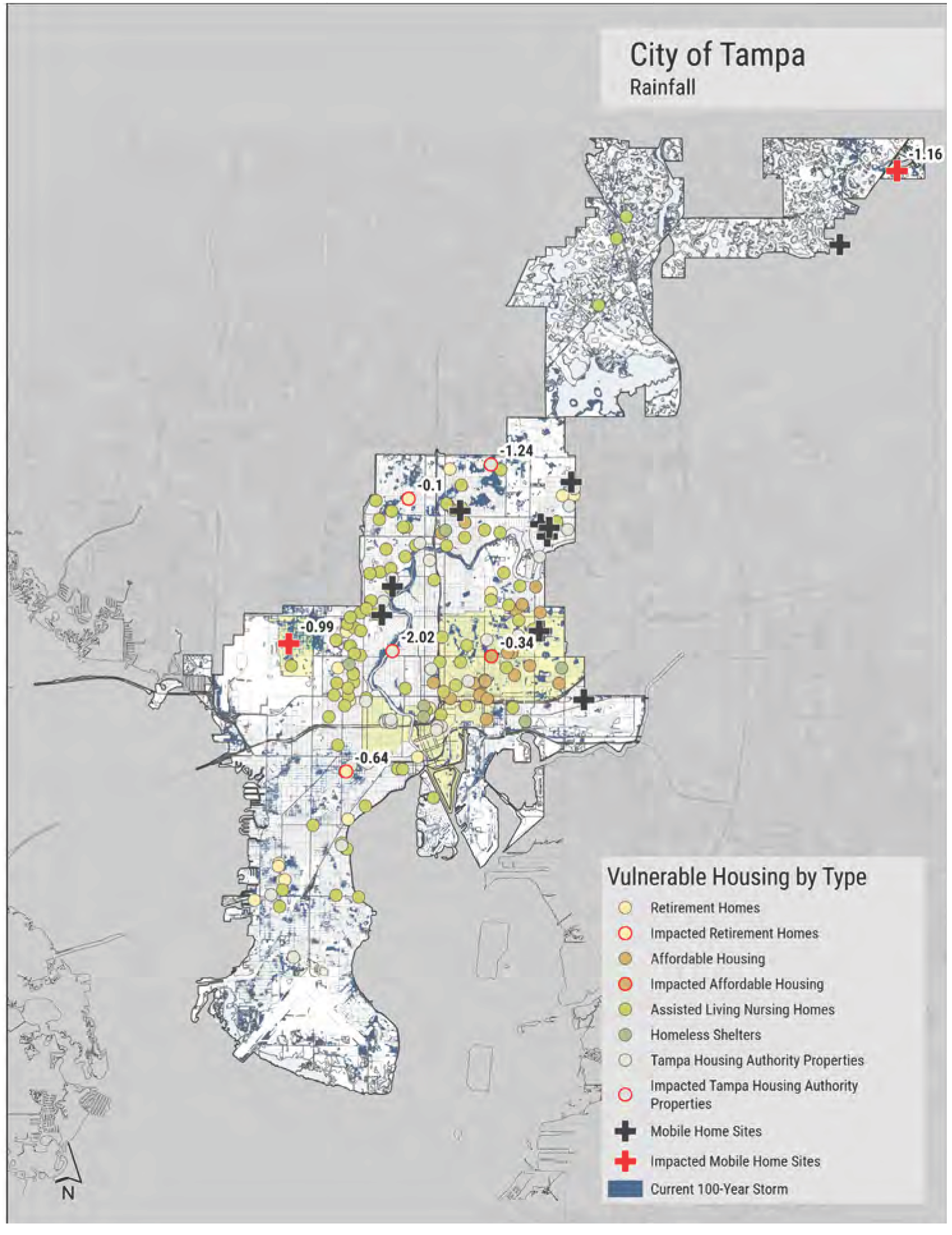 Map of Tampa showing rainfall distribution and locations of vulnerable housing types, including retirement homes, affordable housing, and impacted mobile home sites.