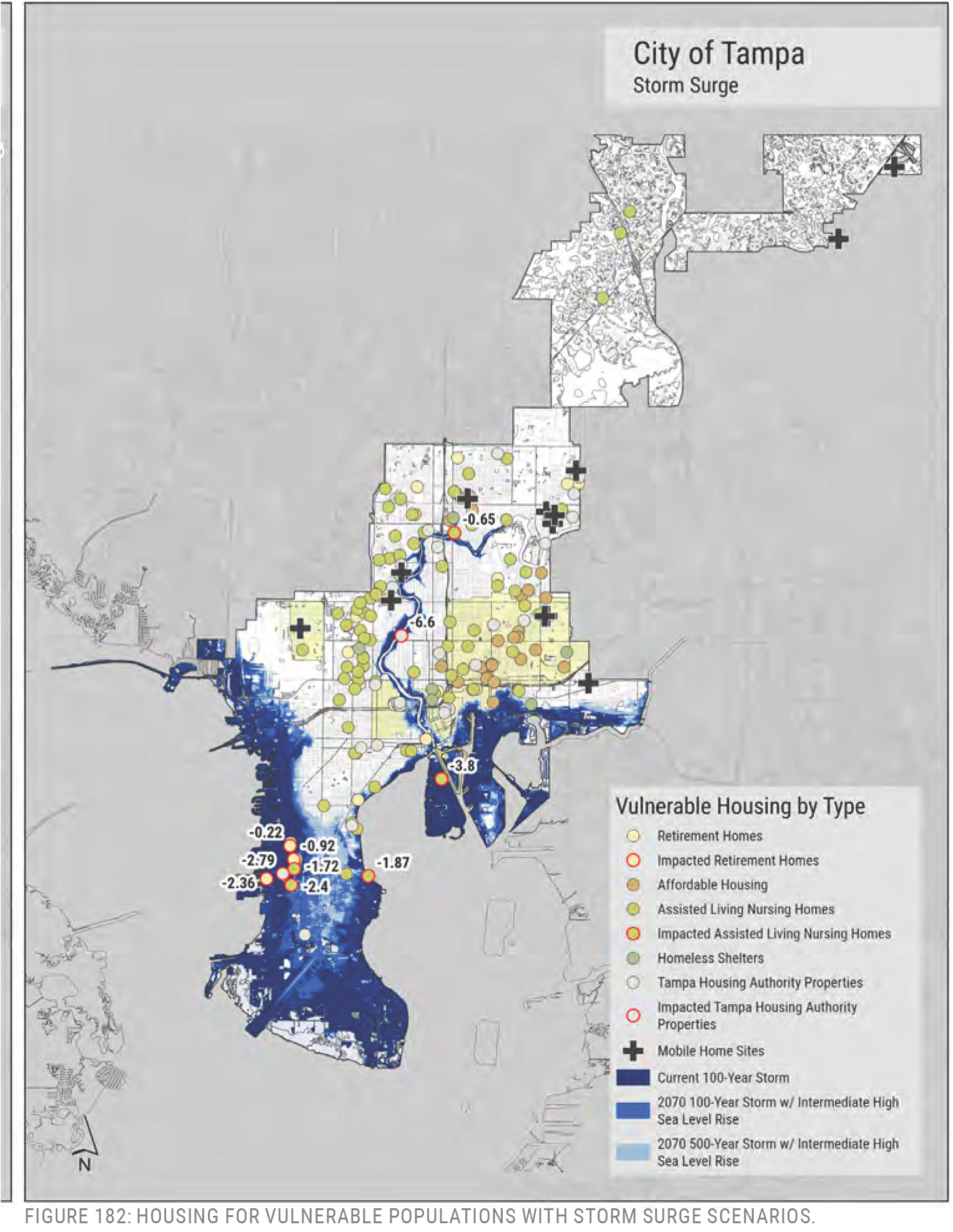 Map of Tampa illustrating vulnerable housing types affected by storm surge scenarios, indicating various categories like retirement homes and assisted living facilities.