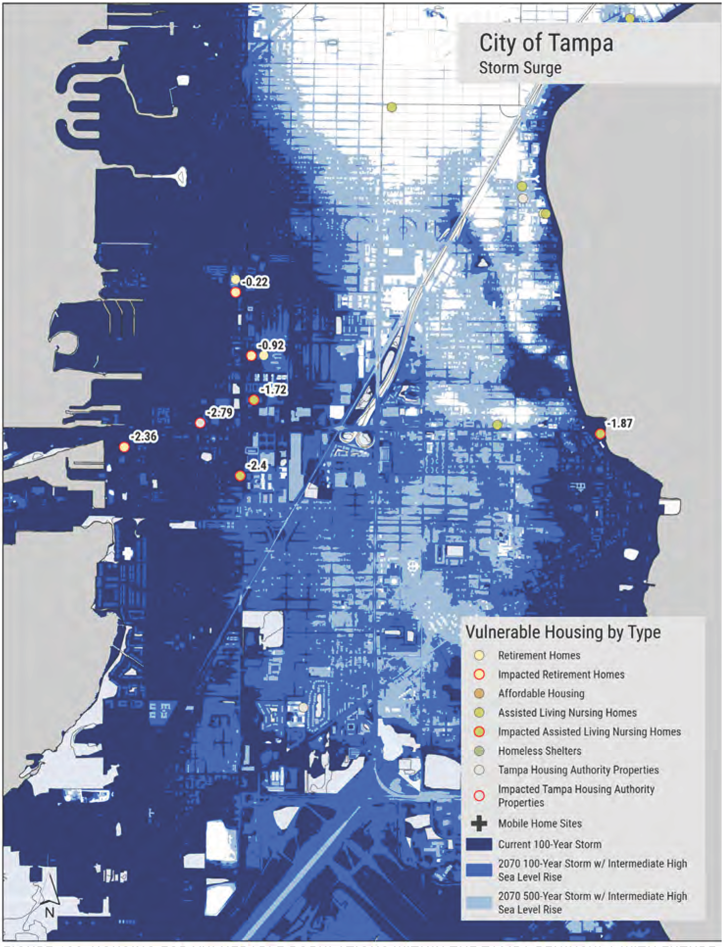 Map of Tampa showing storm surge vulnerability, highlighting types of vulnerable housing such as retirement homes and assisted living facilities.