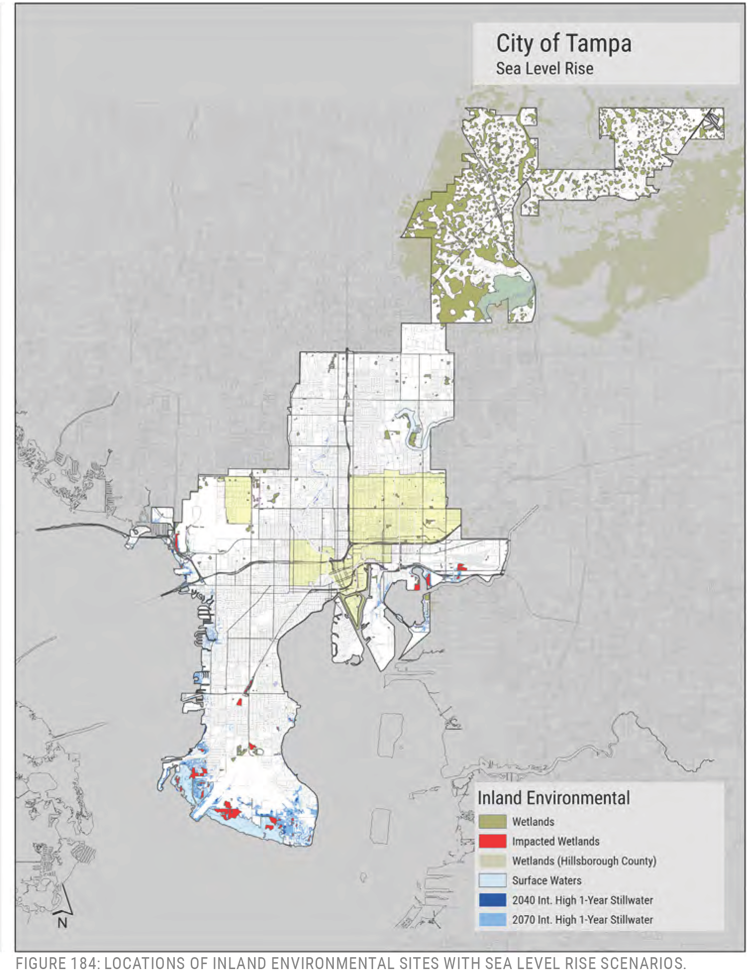 Map of Tampa showing locations of inland environmental sites affected by sea level rise, including wetlands and surface waters.
