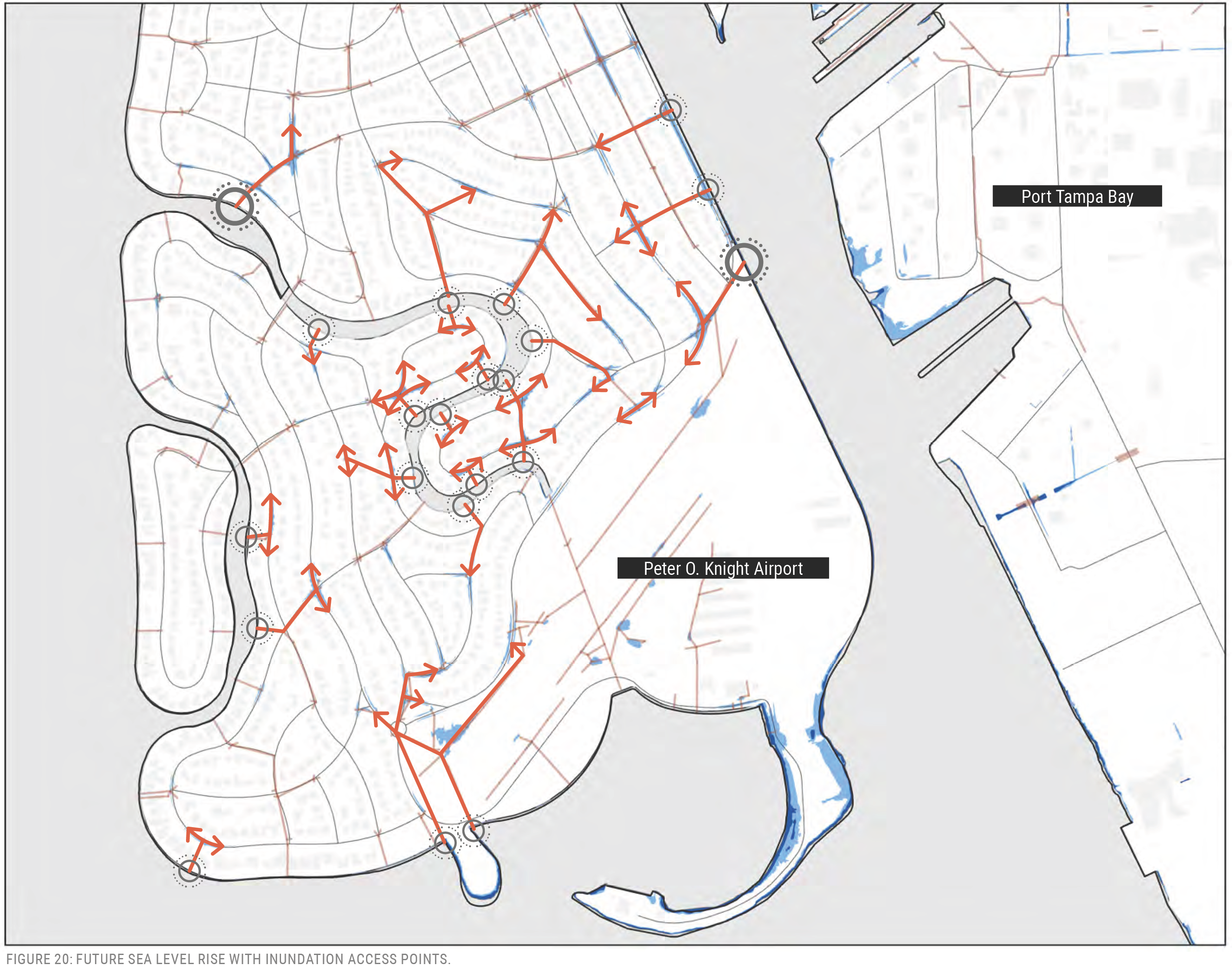Map showing future sea level rise with inundation access points near Port Tampa Bay and Peter O. Knight Airport.