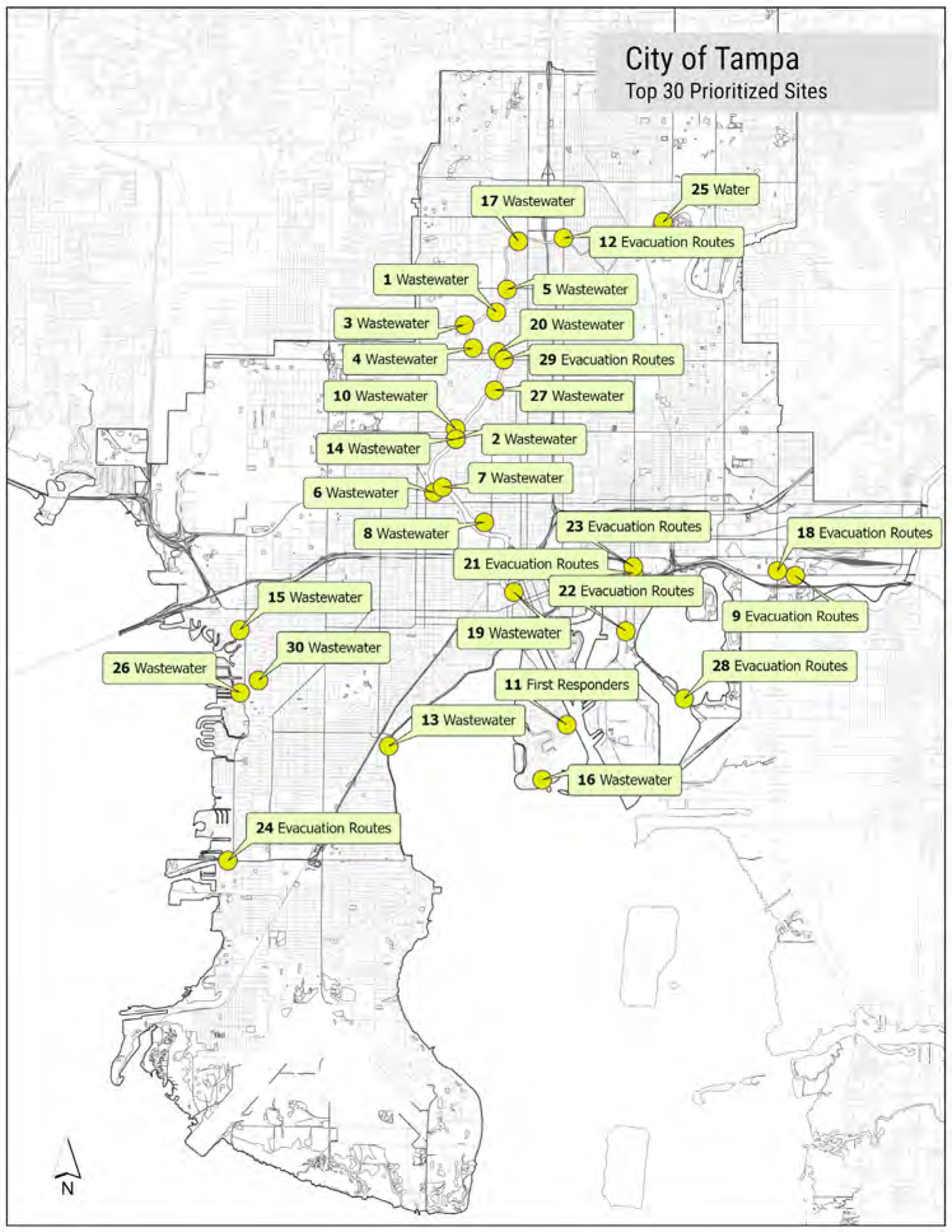 Map of Tampa highlighting top 30 prioritized sites, including wastewater facilities, evacuation routes, and first responders.