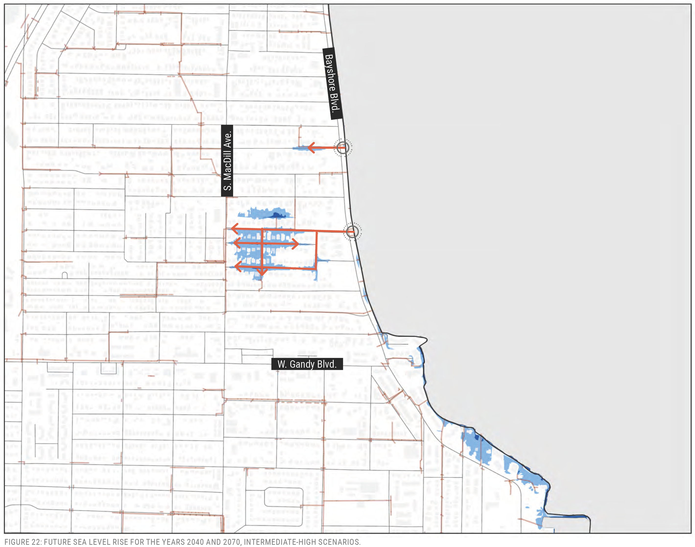 Map showing areas affected by future sea level rise in 2040 and 2070, with highlighted zones in blue and streets labeled.