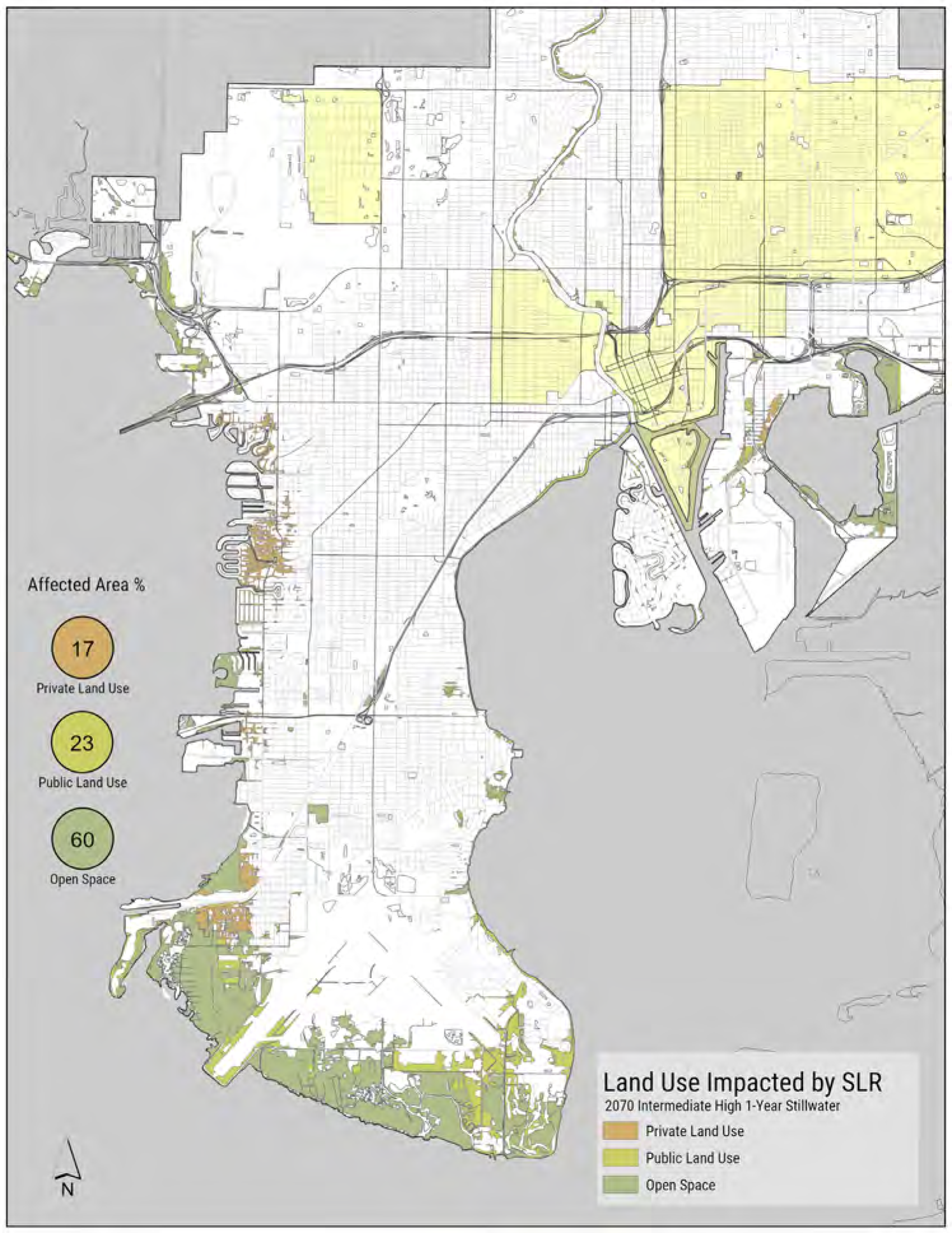 Map showing land use impacted by sea level rise, highlighting private land, public land, and open space areas.