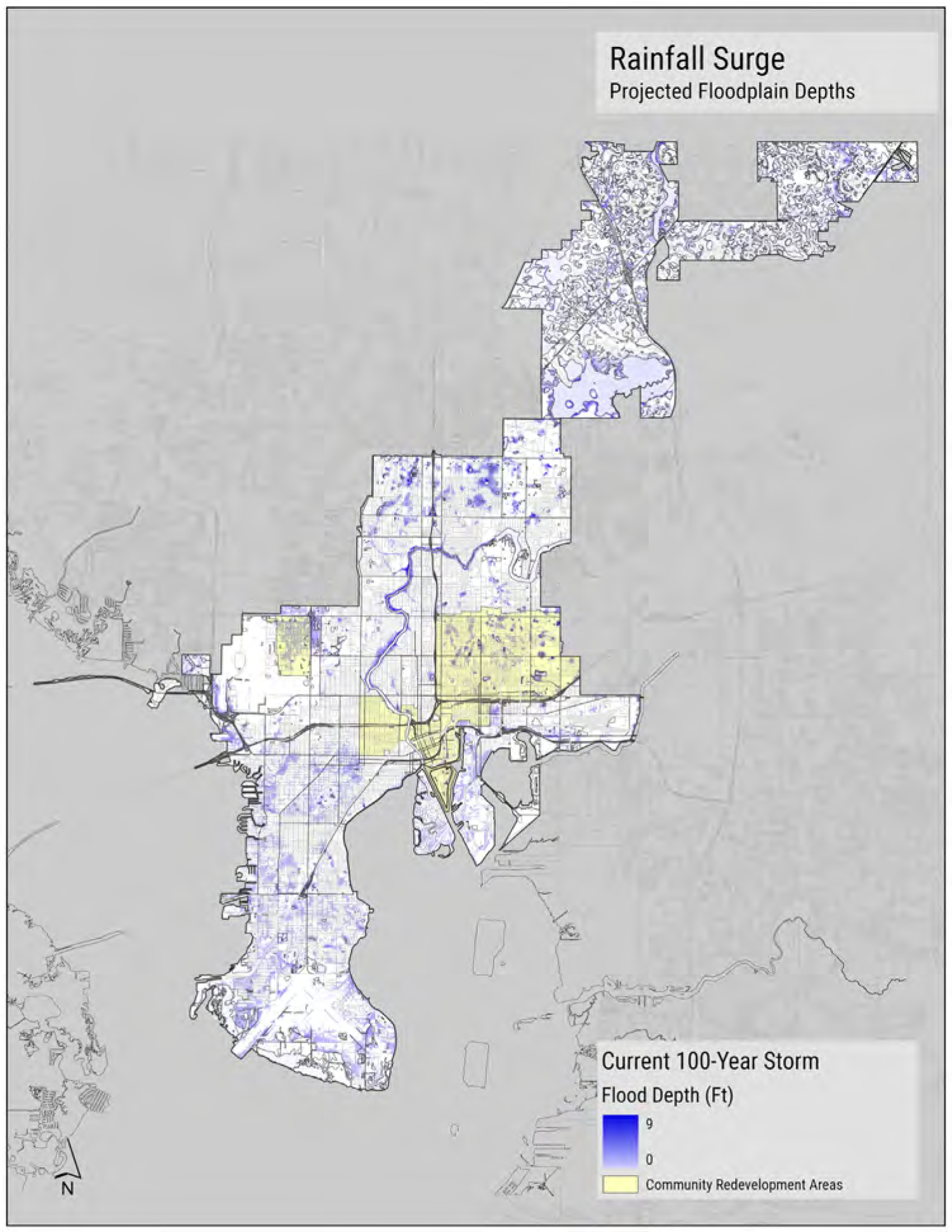 Map showing projected floodplain depths and current 100-year storm flood depths in a city, with highlighted community redevelopment areas.