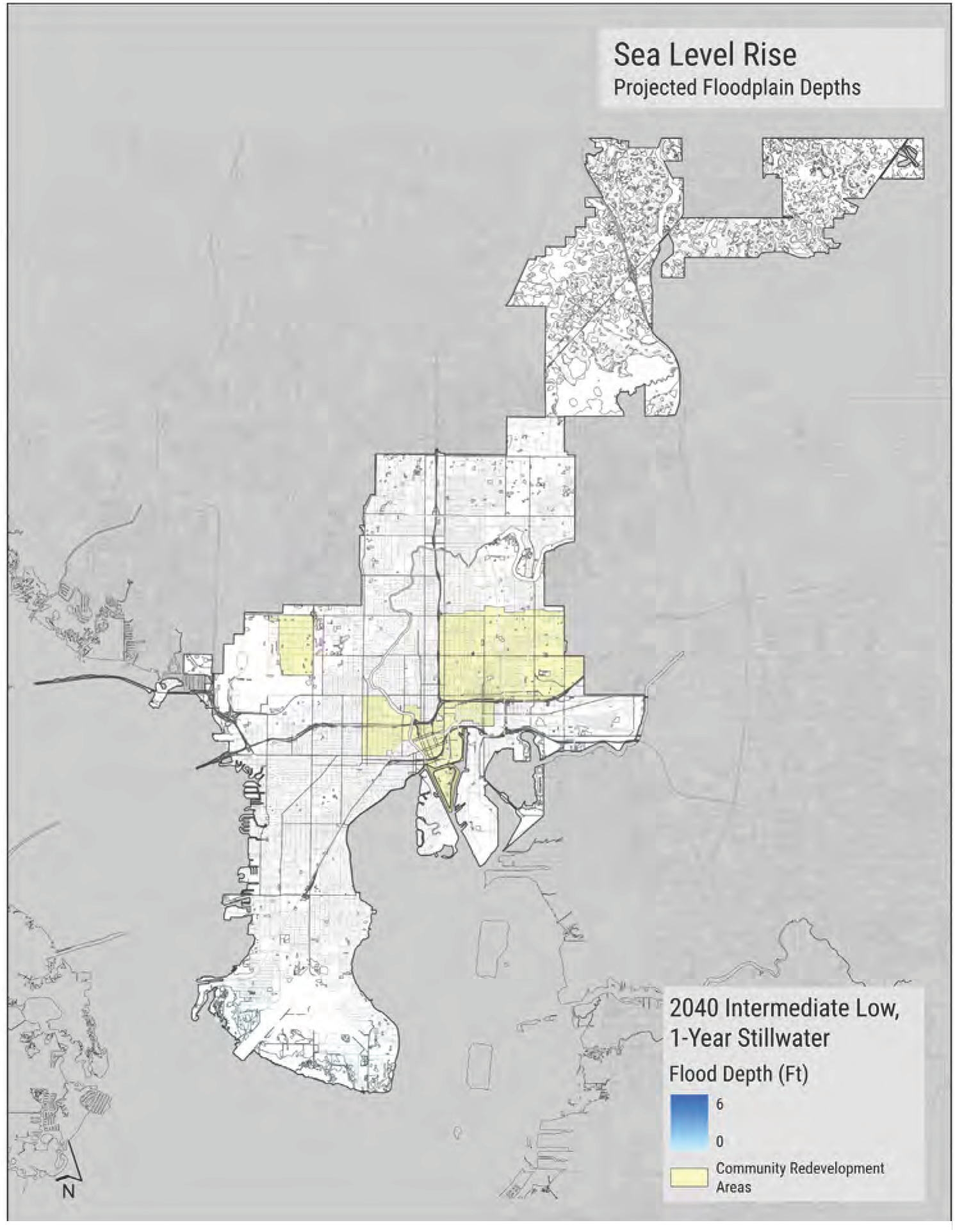 Map showing projected floodplain depths due to sea level rise, with highlighted community redevelopment areas and flood depth scale.