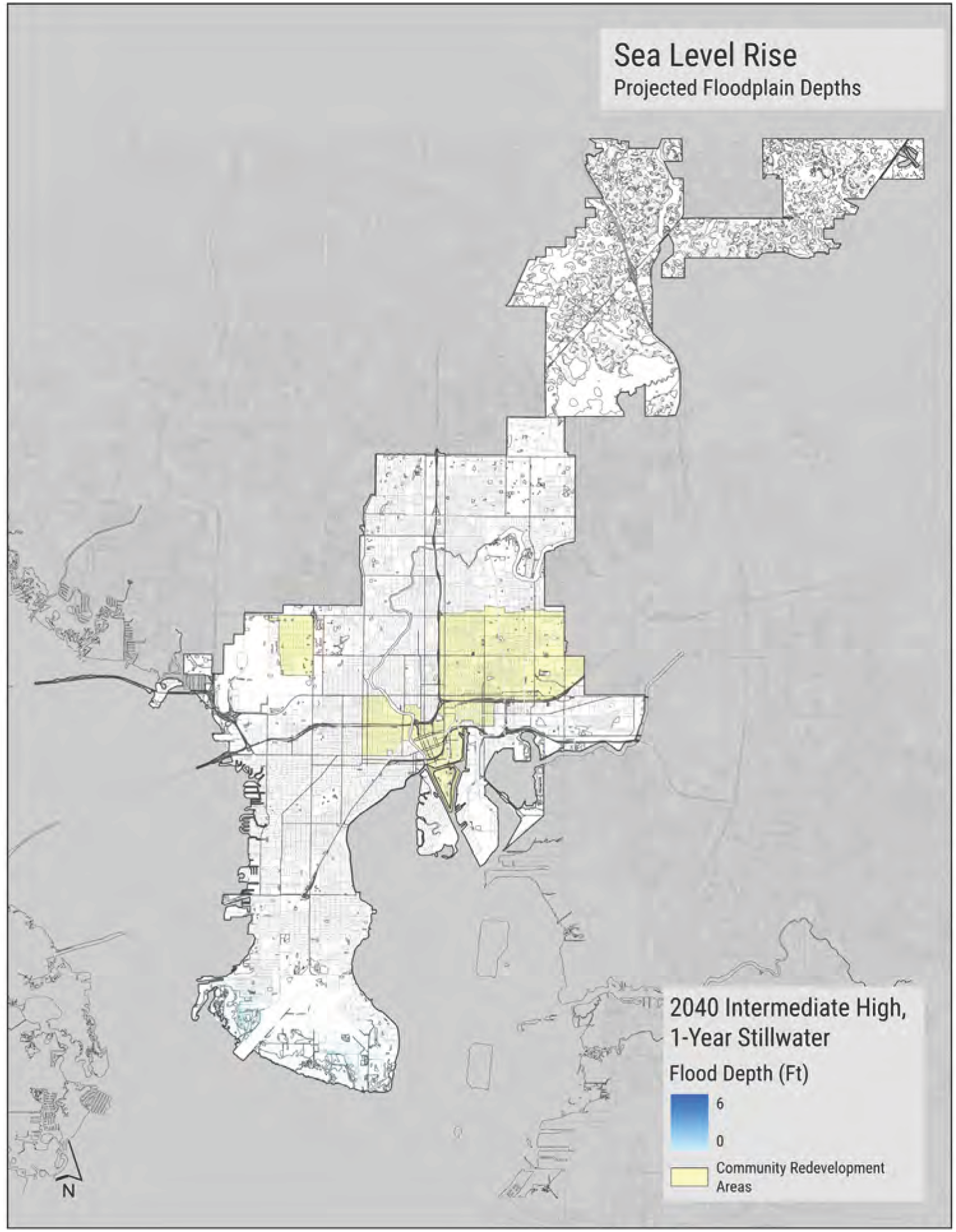 Map showing projected floodplain depths due to sea level rise in Stillwater, highlighting community redevelopment areas.