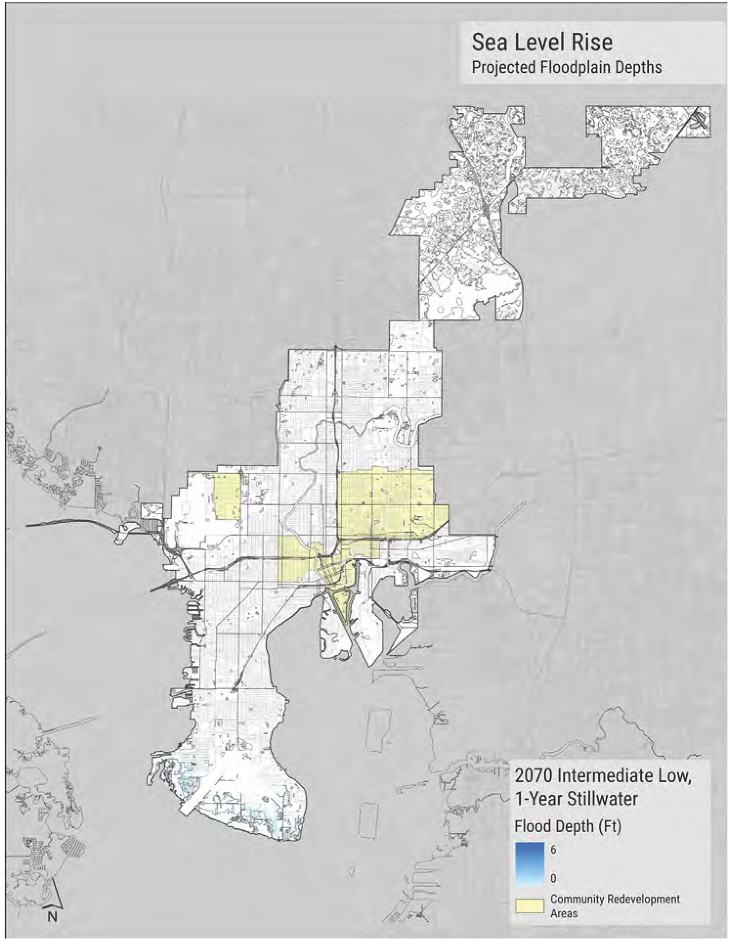 Map showing projected floodplain depths due to sea level rise, with highlighted community redevelopment areas for 2070 Intermediate Low, 1-Year Stillwater.