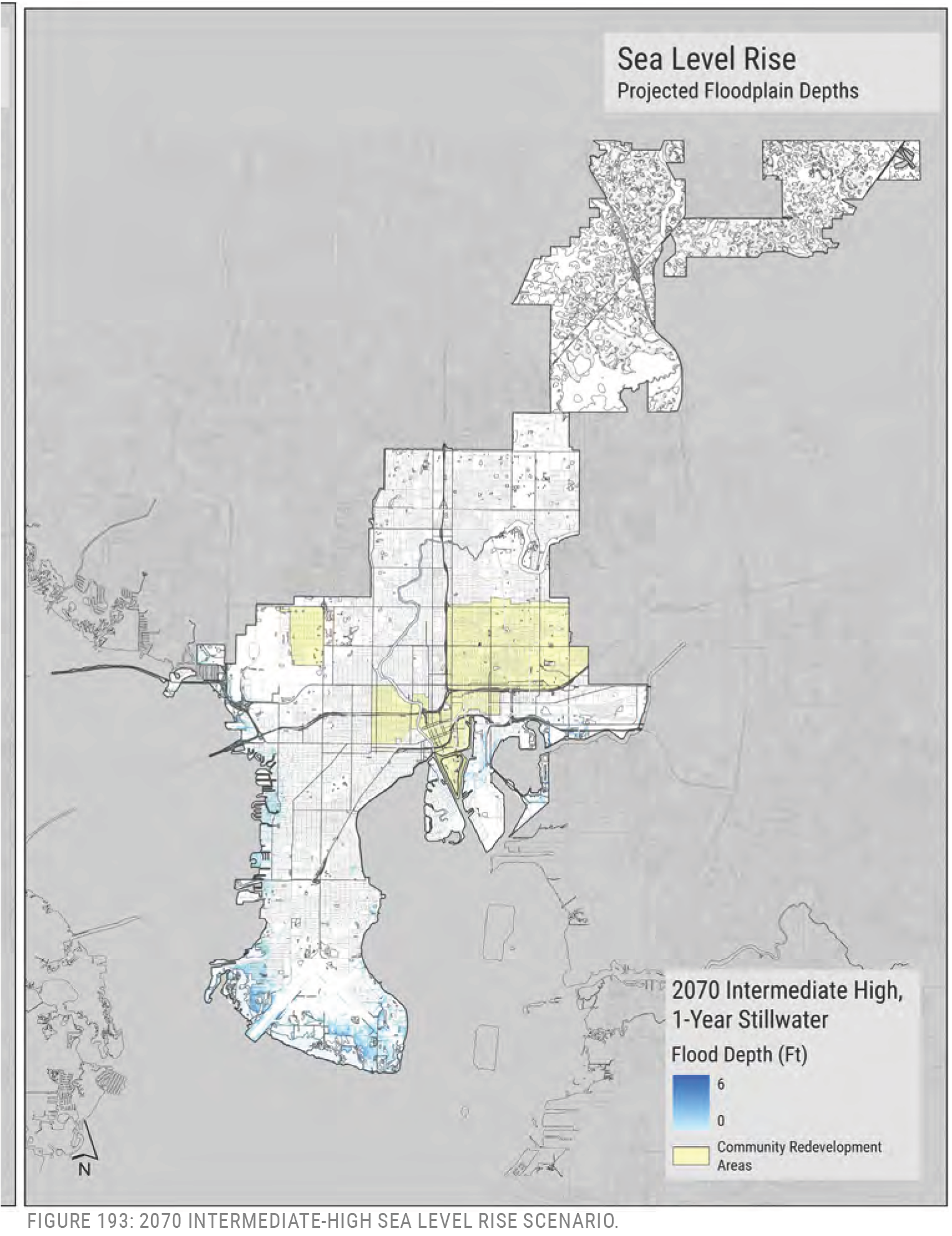 Map showing projected floodplain depths due to sea level rise, indicating 2070 intermediate-high flood scenarios and community redevelopment areas.