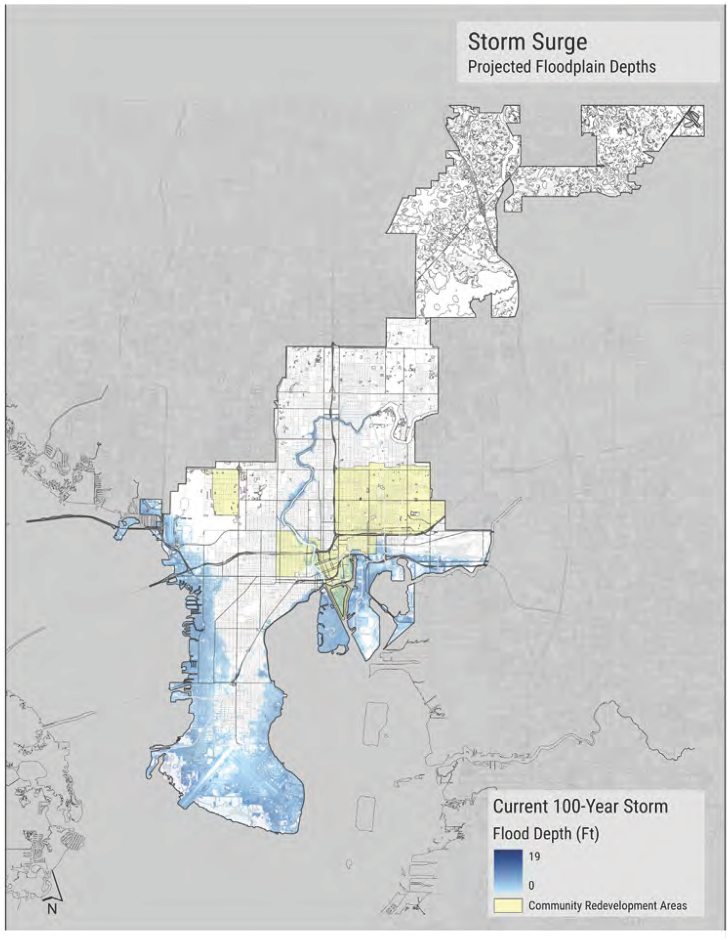 Map illustrating projected floodplain depths and community redevelopment areas in relation to a current 100-year storm's flood depth.