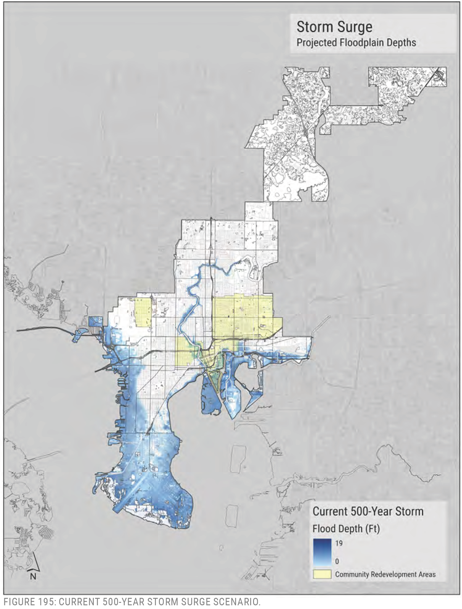 Map showing projected floodplain depths for a current 500-year storm, highlighting flood depth and community redevelopment areas.