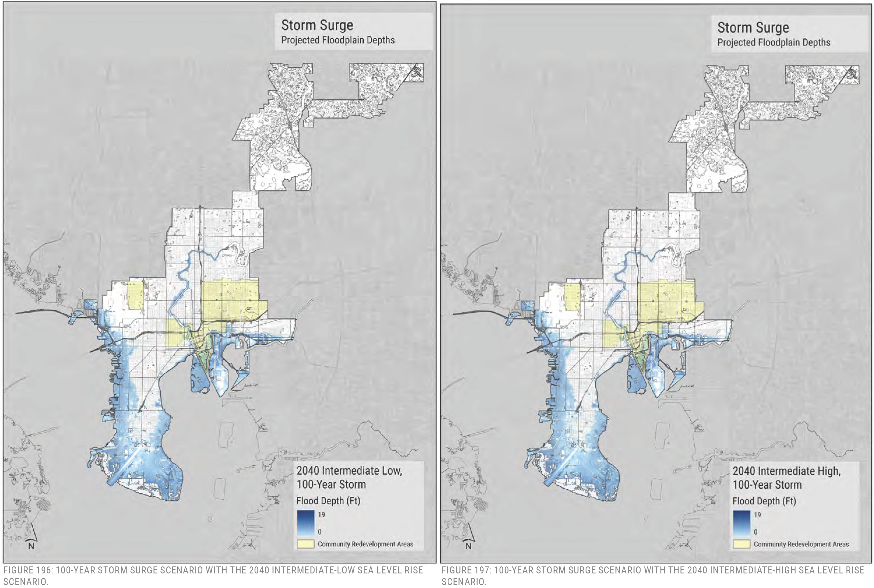 Map showing projected flood depths for storm surge scenarios in a coastal area under two sea level rise conditions.