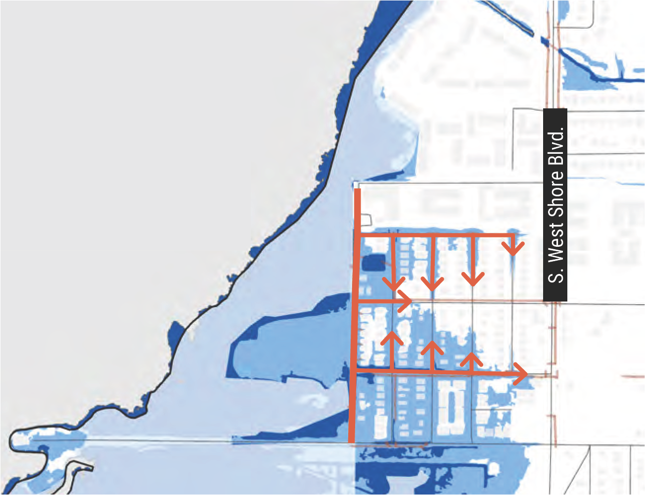Map showing S. West Shore Blvd. with highlighted streets and directional arrows indicating movement or flow.