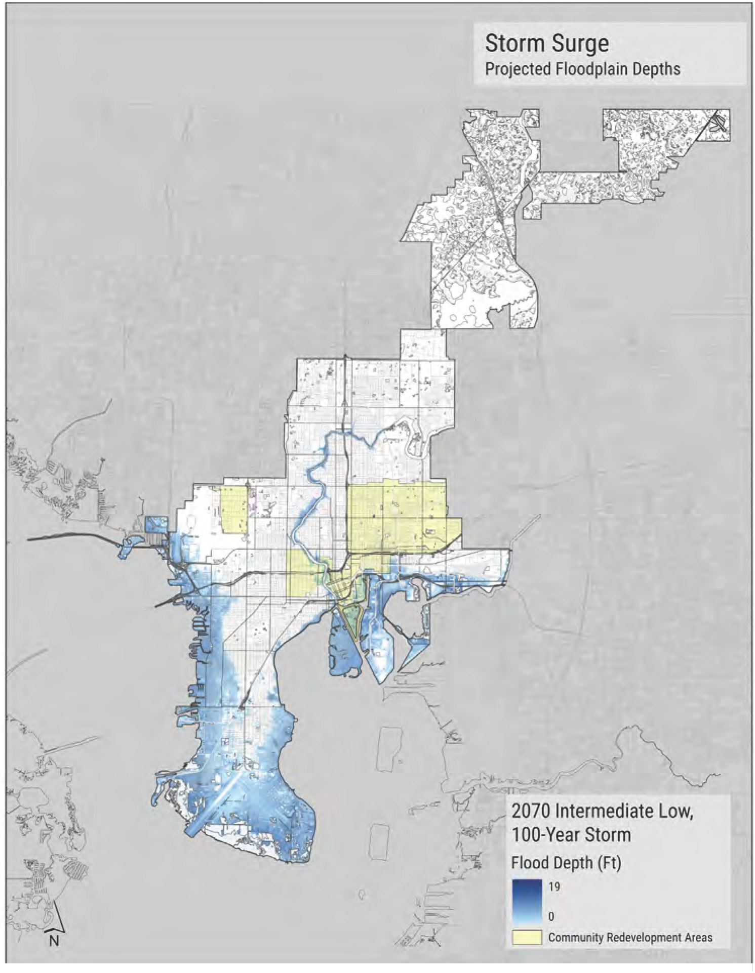 Map showing projected floodplain depths for storm surge, with color-coded flood depth levels for 2070 Intermediate Low, 100-Year Storm.