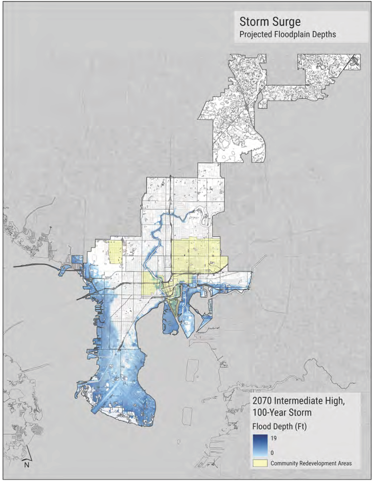 Map showing projected floodplain depths for a 100-year storm, highlighting community redevelopment areas in yellow and flood depths in blue.
