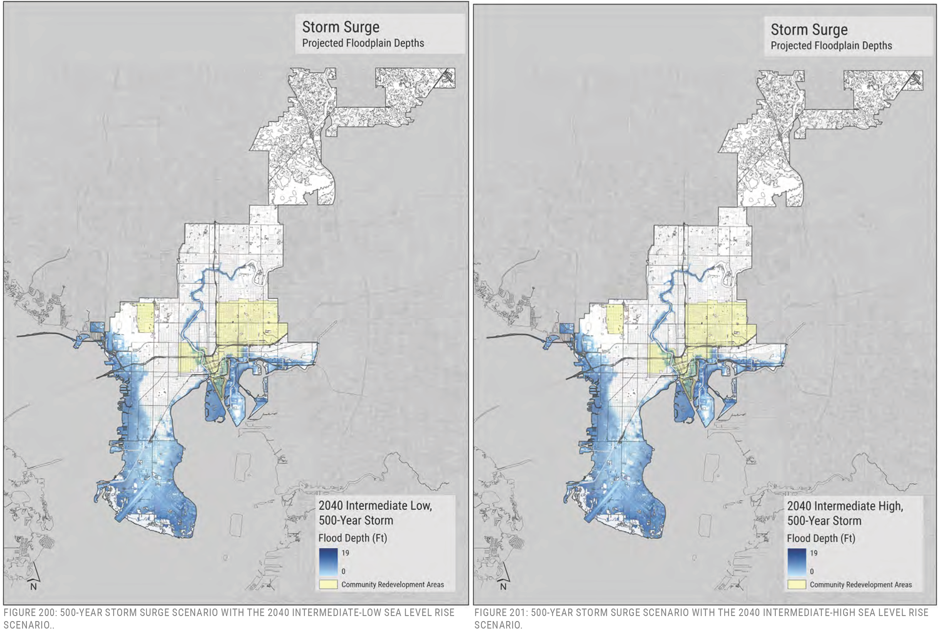 Map showing projected flood depths for a 500-year storm under 2040 intermediate low and high sea level rise scenarios.