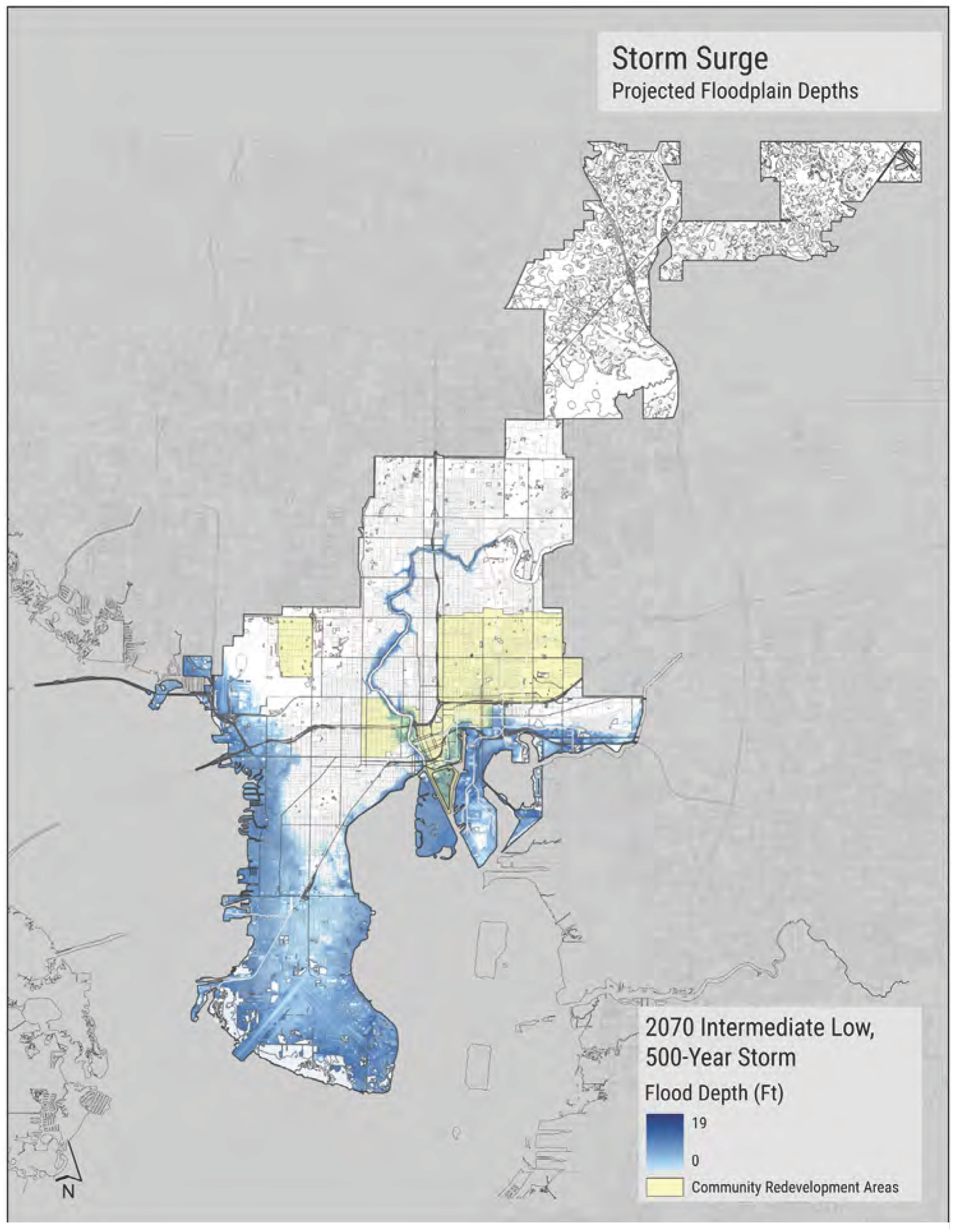 Map showing projected floodplain depths and community redevelopment areas for a 500-year storm in 2070, with varying flood depth colors.