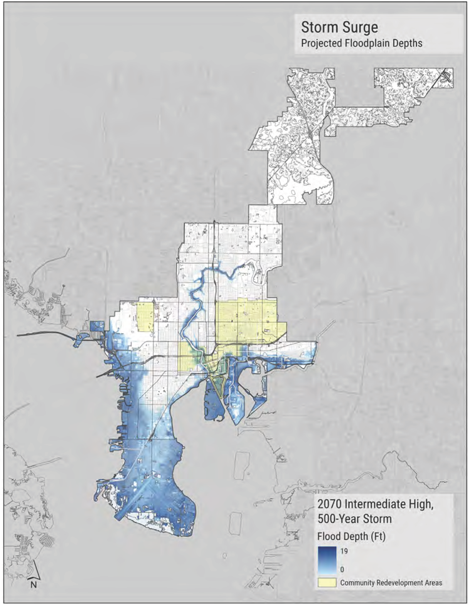 Map showing projected floodplain depths for a 2070 storm, indicating varying depths across different areas, with redevelopment zones highlighted.