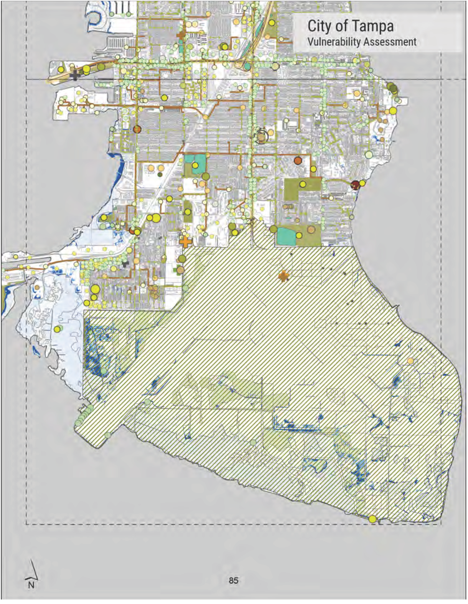 Map of Tampa showing areas of vulnerability assessment with various colored markers indicating different data points.
