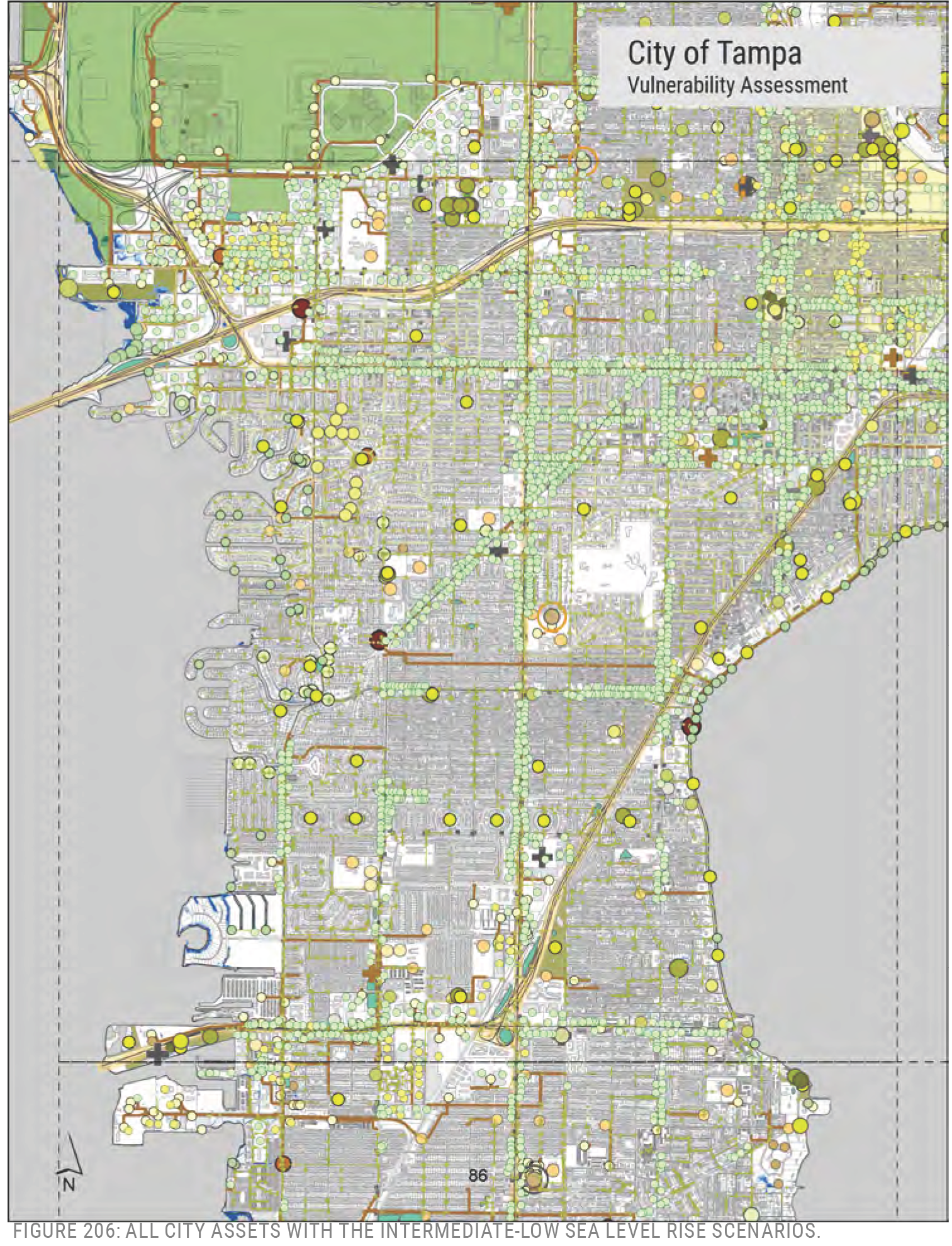 Map of Tampa highlighting city assets and their vulnerability to intermediate-low sea level rise scenarios.