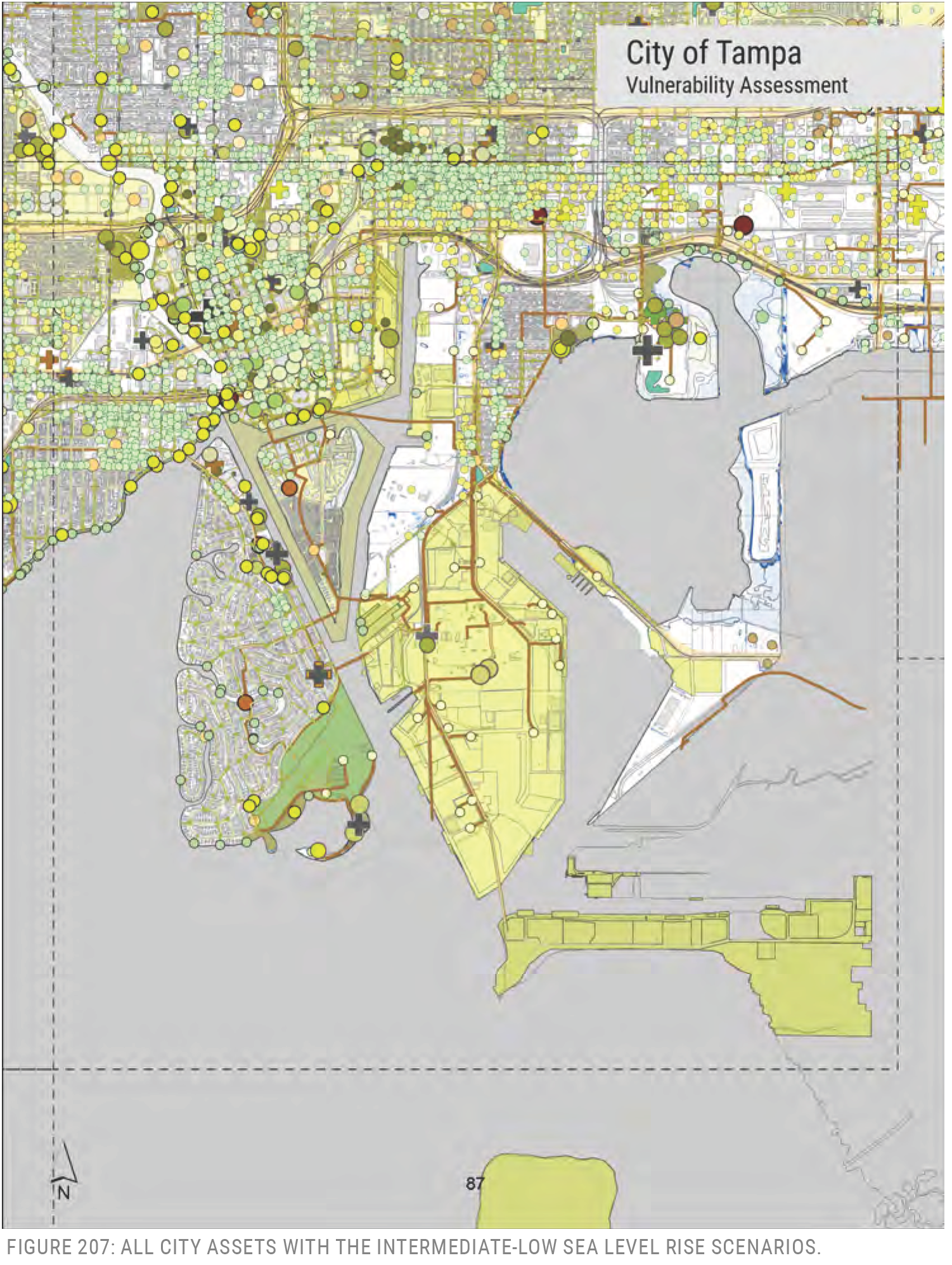 Map of Tampa showing city assets and vulnerabilities to intermediate-low sea level rise scenarios.