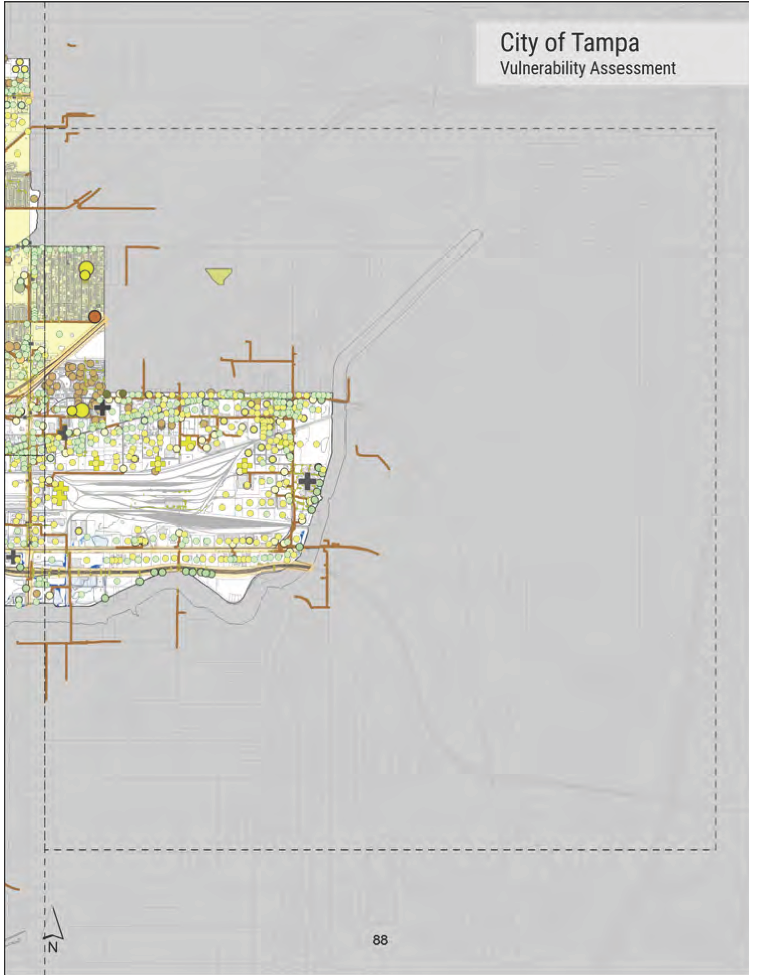 Map of the City of Tampa depicting vulnerabilities, with highlighted areas and labels for assessment.