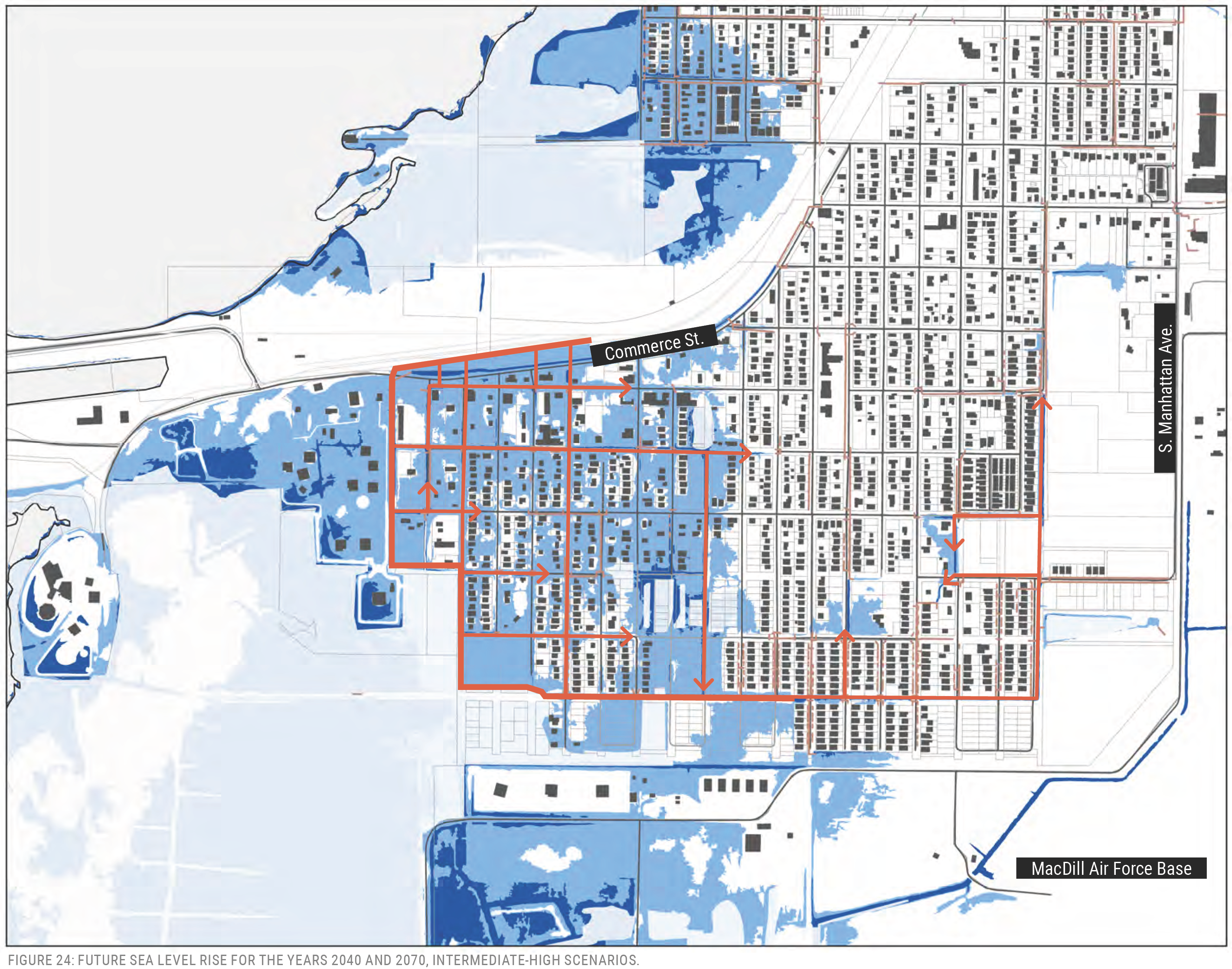 Map showing projected sea level rise for the years 2040 and 2070, highlighting affected areas in red.