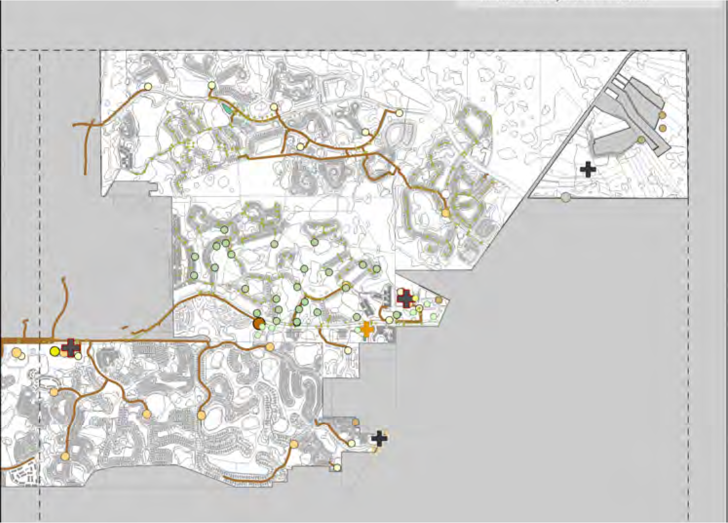 A topographic map showing pathways, landmarks, and areas marked with colored dots and lines, indicating various routes and features.