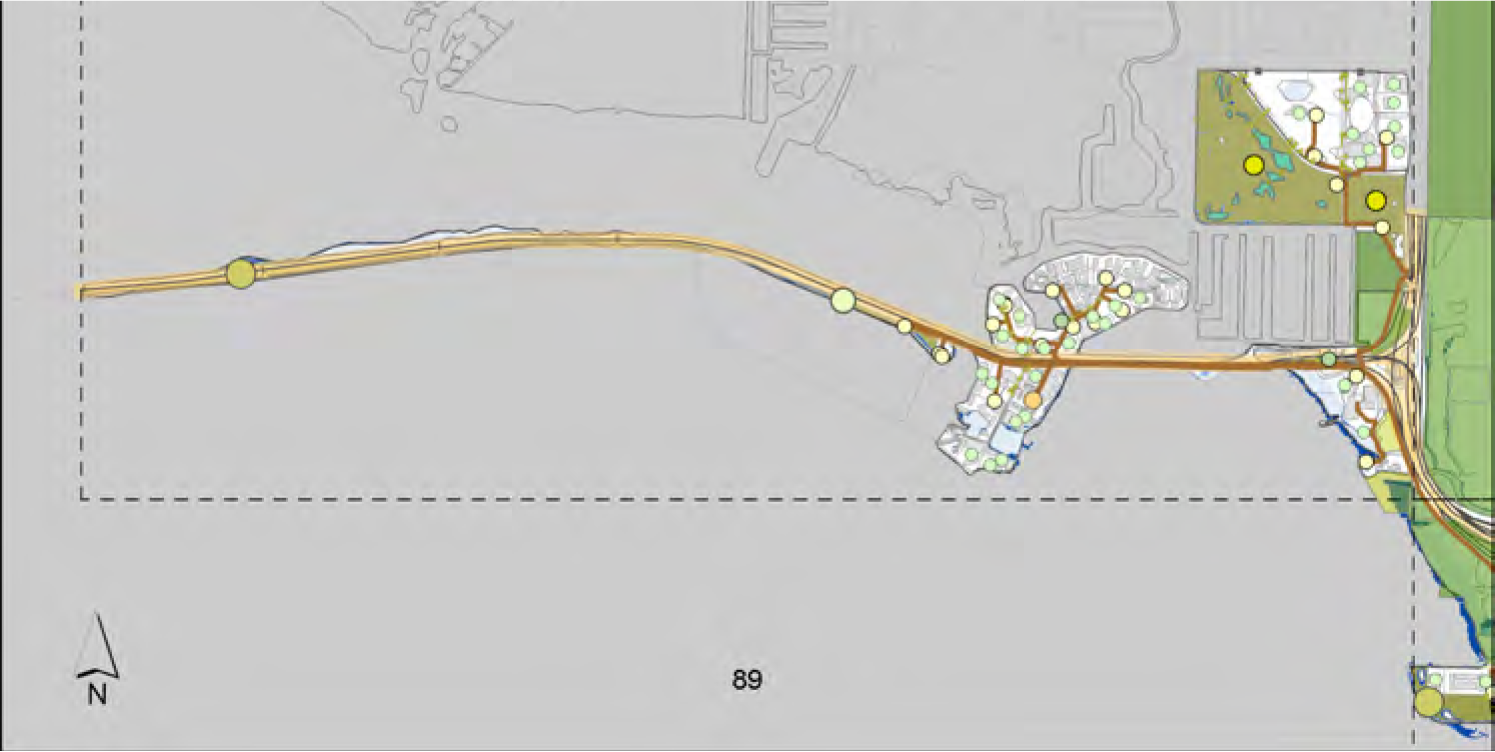 Map showing a road layout with adjacent developments, highlighting roads, landmarks, and geographical features.