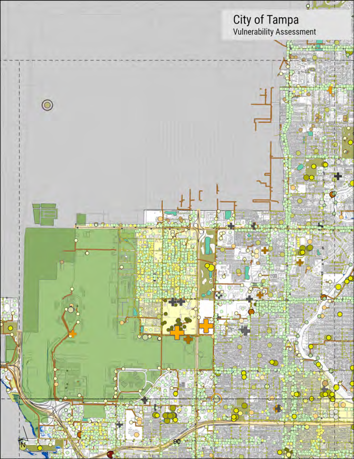 Map of Tampa showing areas of vulnerability assessment with color-coded regions and geographic features.