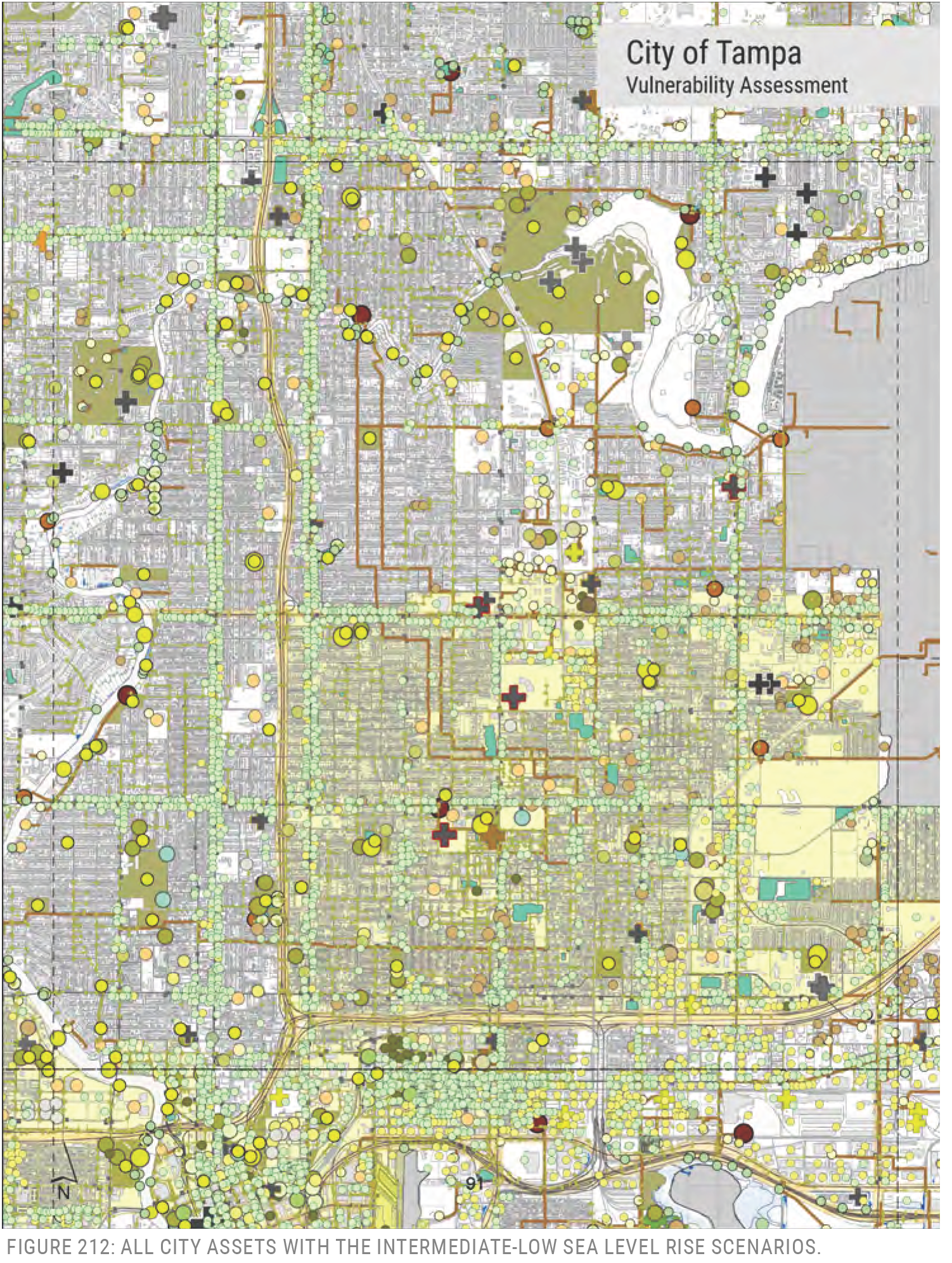 Map of Tampa showing city assets and their vulnerability to intermediate-low sea level rise scenarios, with color-coded indicators.
