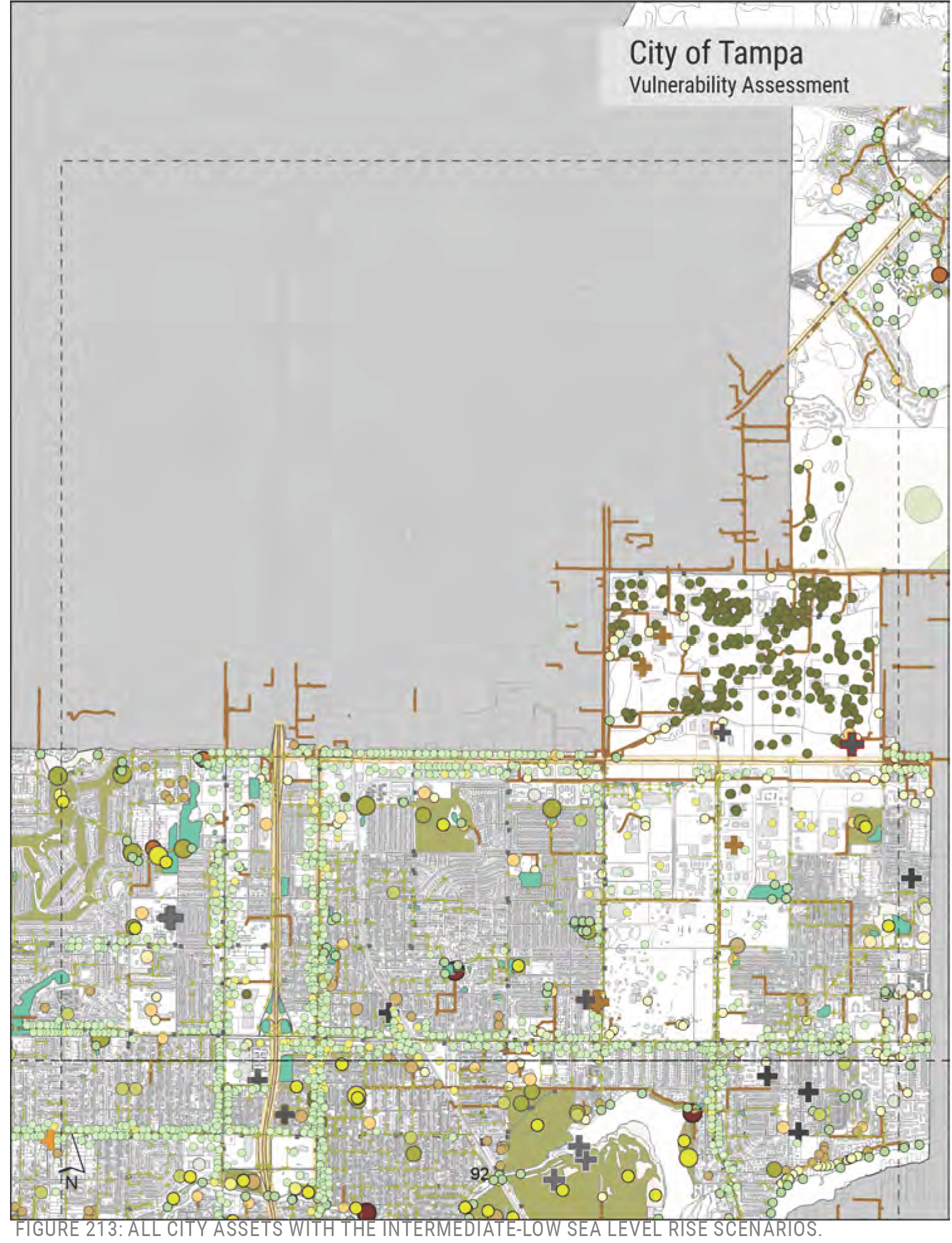 A map of Tampa showing city assets and vulnerability assessment under intermediate-low sea level rise scenarios.