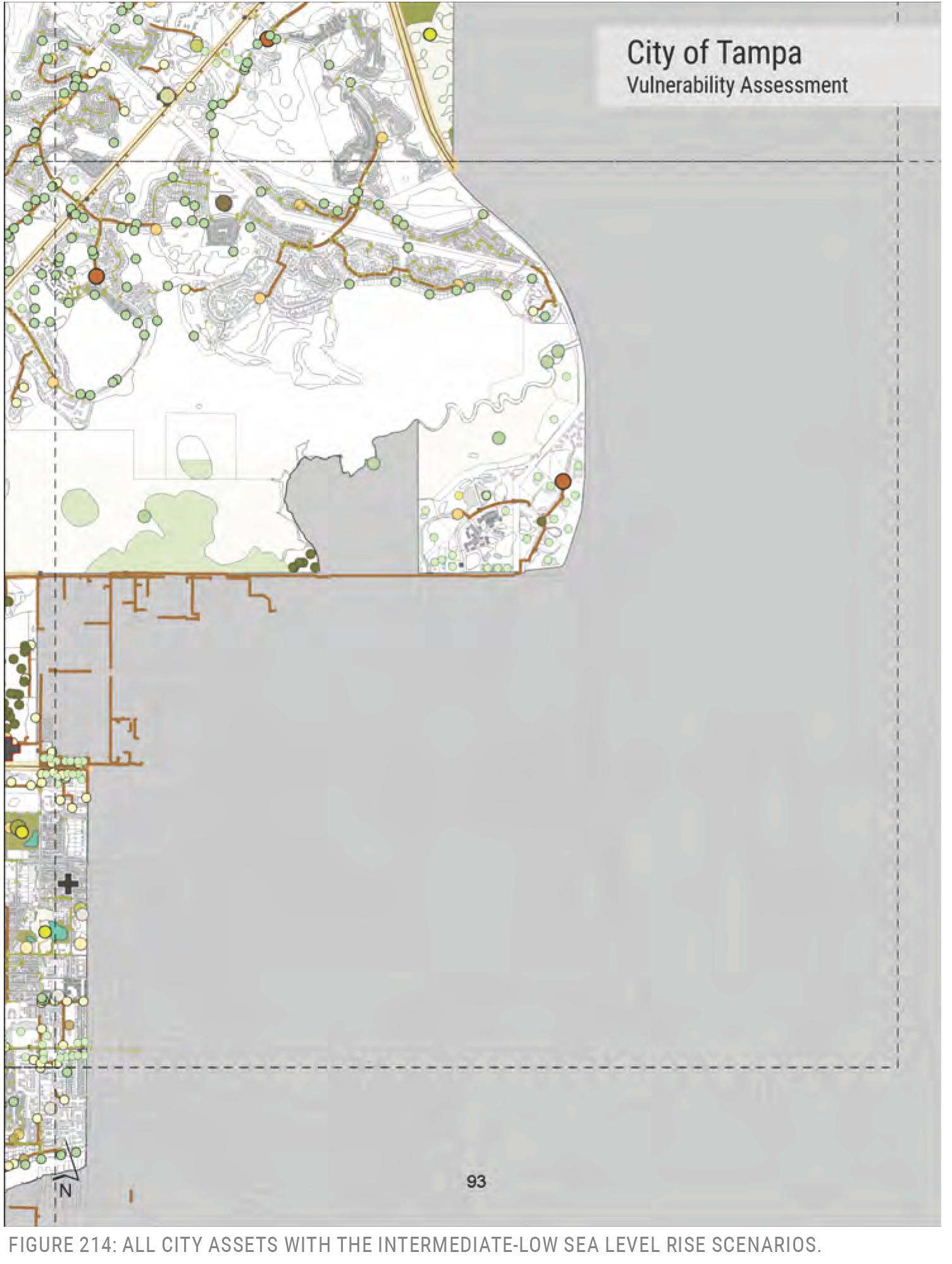 Map of Tampa displaying a vulnerability assessment related to intermediate-low sea level rise scenarios with various city assets marked.