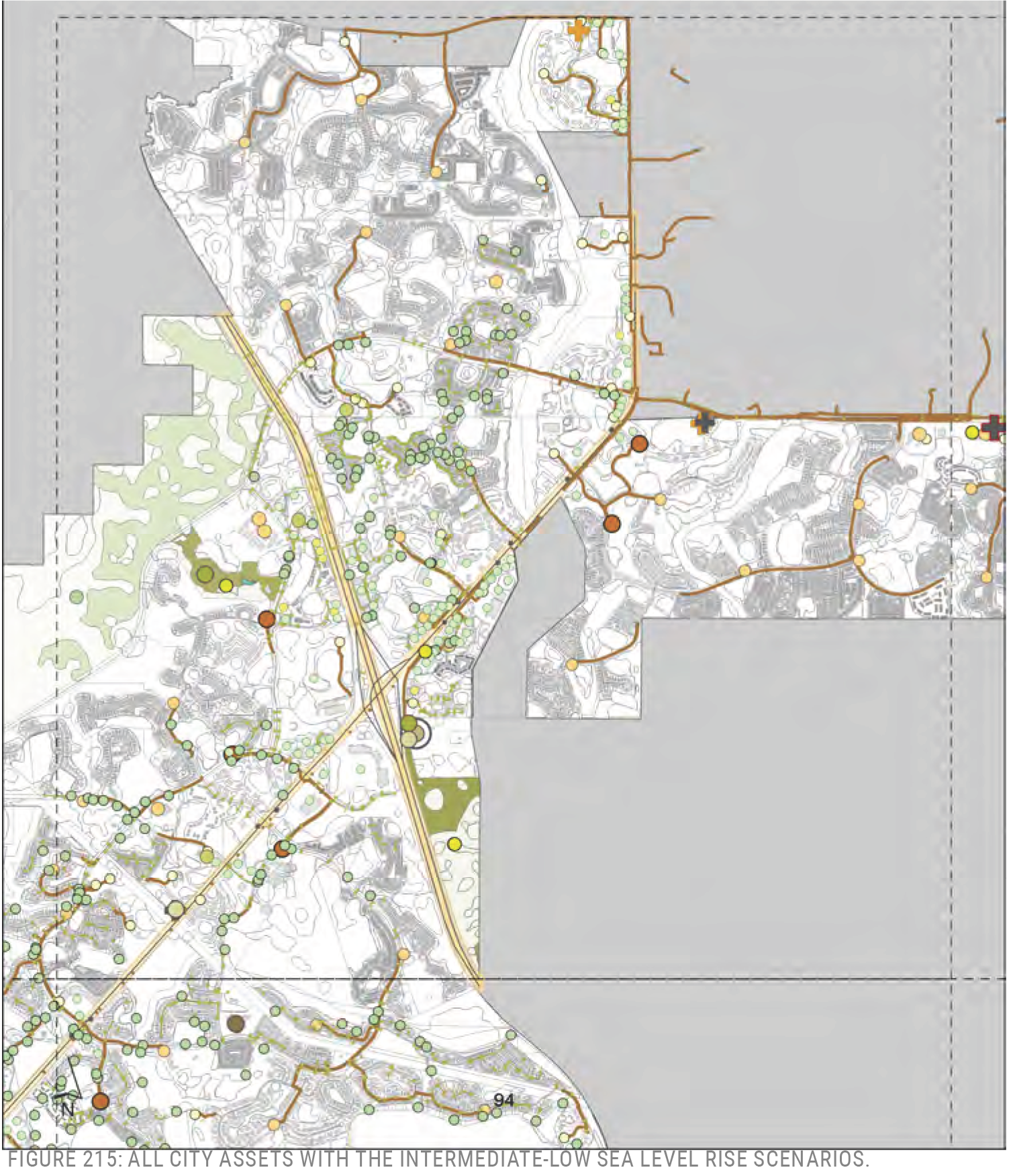 Map showing city assets affected by intermediate-low sea level rise scenarios, featuring various points and geographic details.