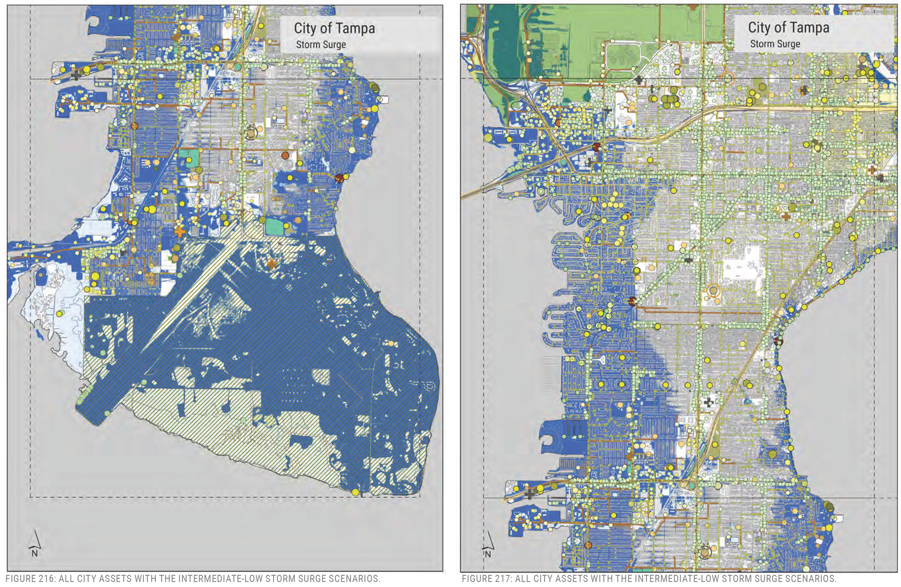 Map showing storm surge scenarios for the City of Tampa, highlighting city assets and areas at risk.