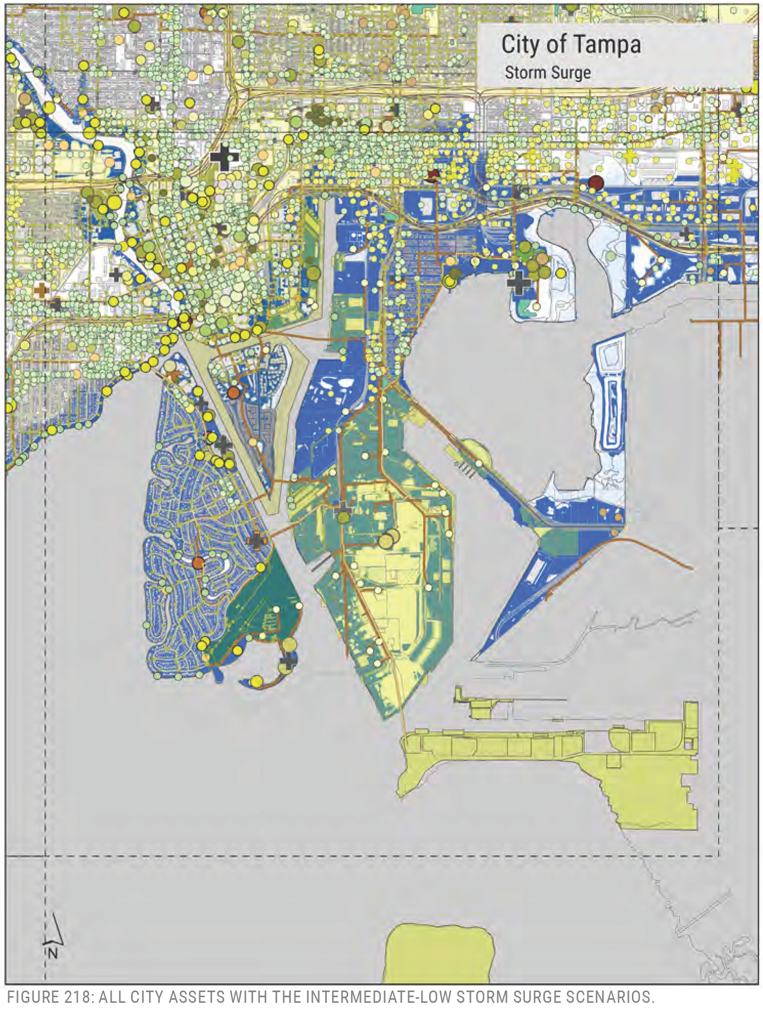 Map of Tampa showing city assets under intermediate-low storm surge scenarios, including various neighborhoods and flood areas.