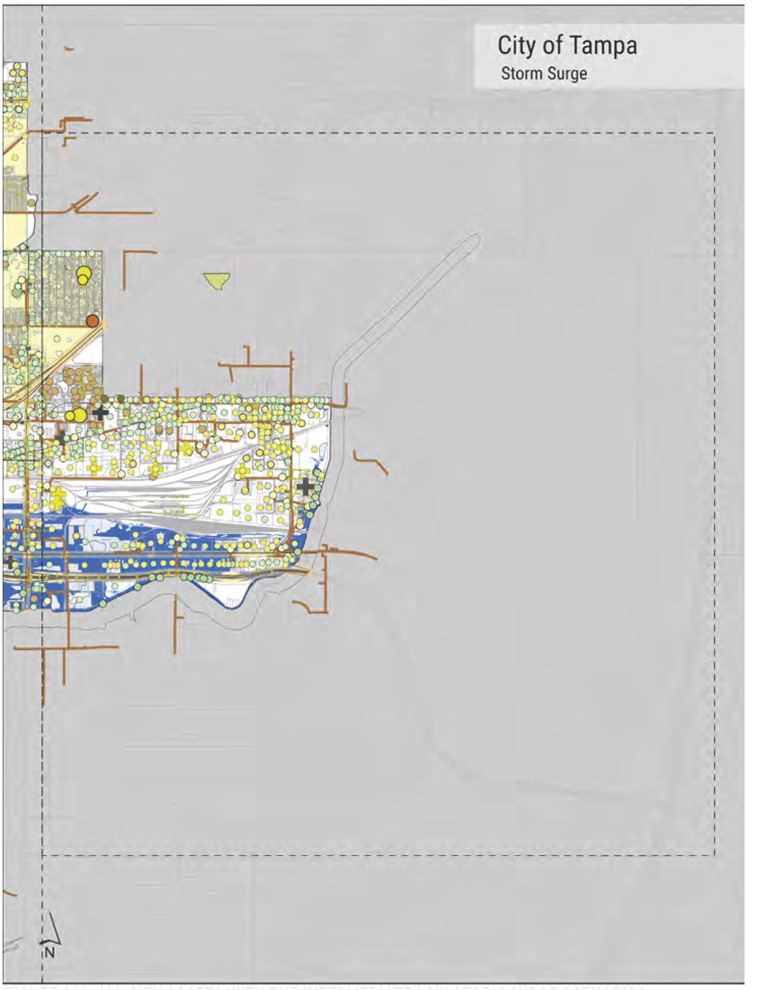 Map of Tampa showing areas affected by storm surge, with various colors indicating different flood risk levels.
